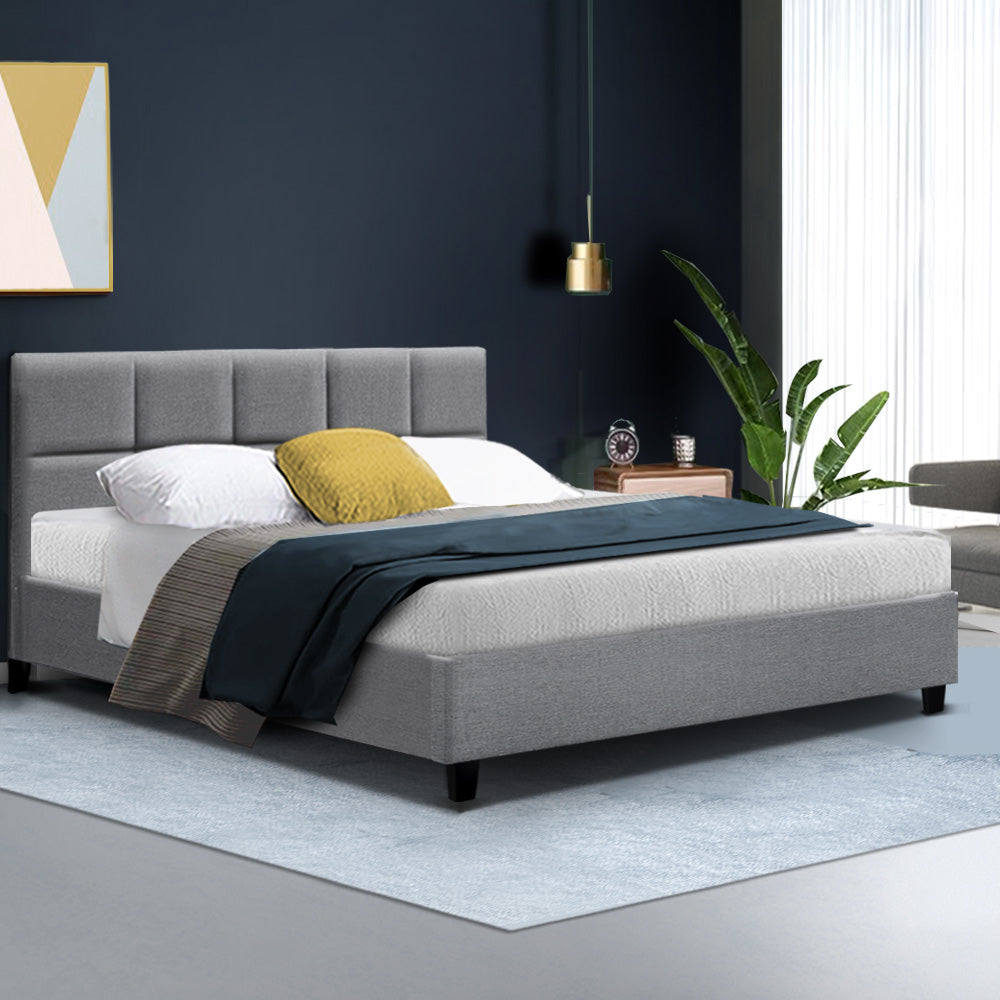 Queen Bed Frame Grey Linen Upholstered Wooden Slat Bed with Plush Headboard