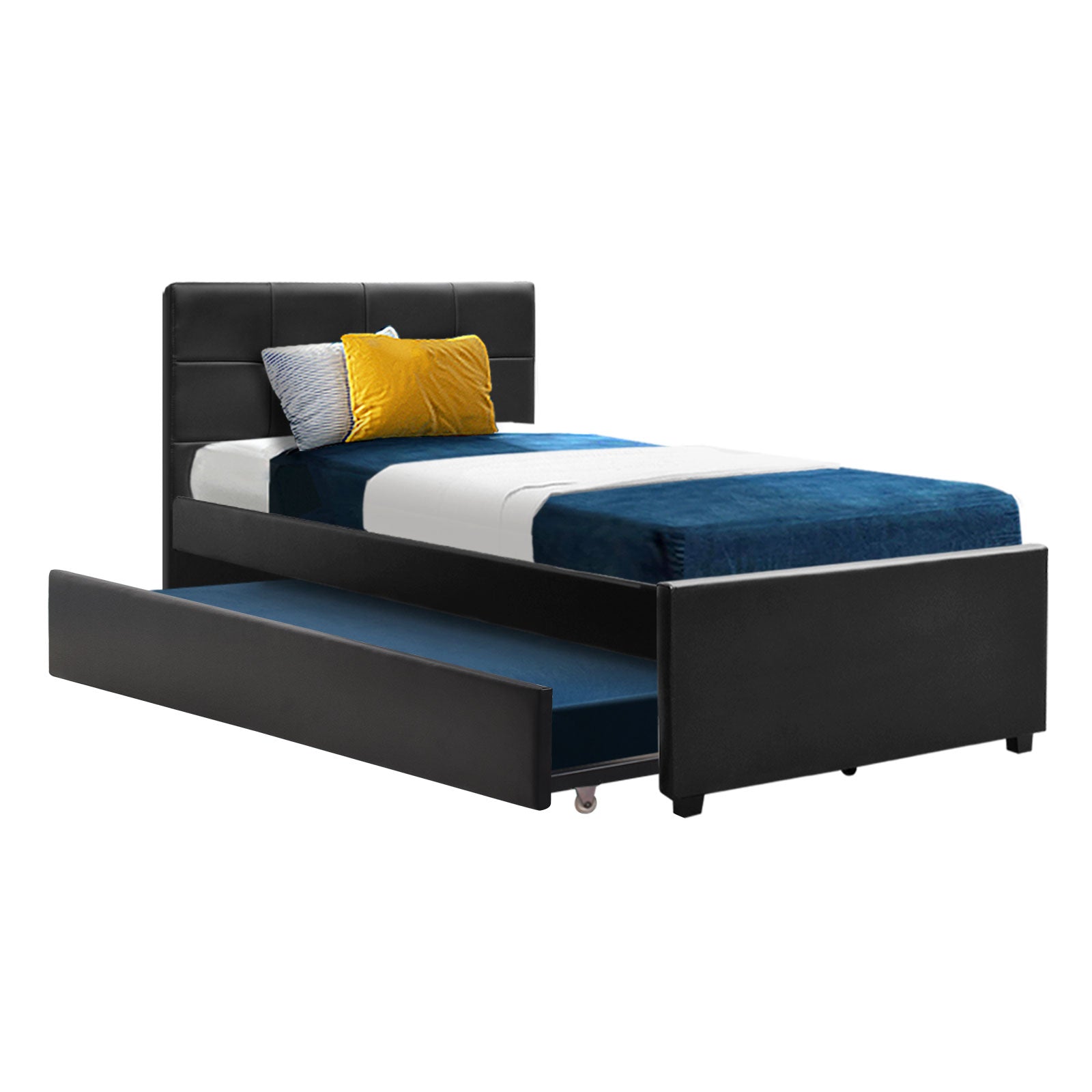 King Single Trundle Bed Frame Fripp Daybed Black with Pull-Out Storage