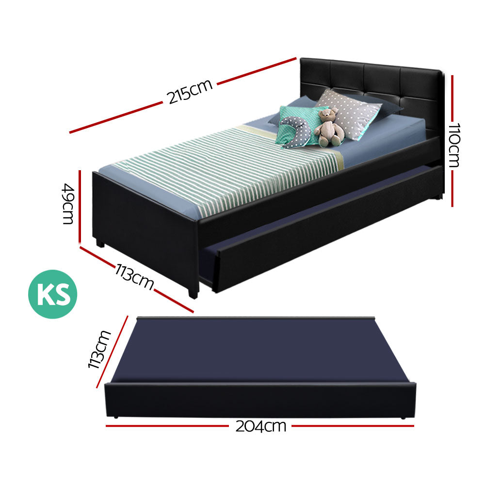King Single Trundle Bed Frame Fripp Daybed Black with Pull-Out Storage