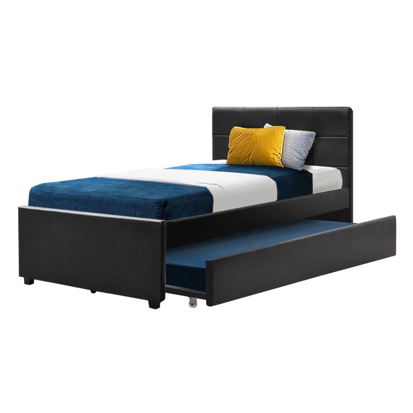 King Single Trundle Bed Frame Fripp Daybed Black with Pull-Out Storage
