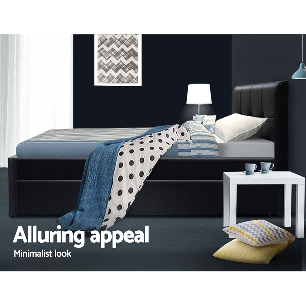 King Single Trundle Bed Frame Fripp Daybed Black with Pull-Out Storage