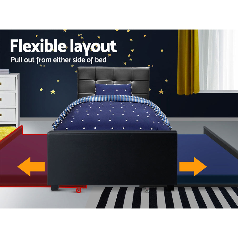 King Single Trundle Bed Frame Fripp Daybed Black with Pull-Out Storage