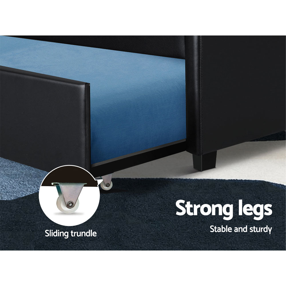 King Single Trundle Bed Frame Fripp Daybed Black with Pull-Out Storage