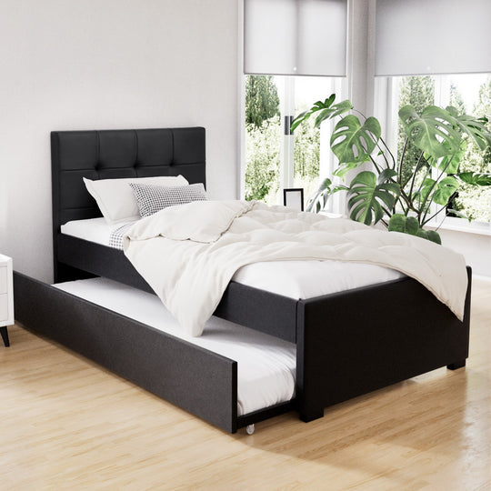King Single Trundle Bed Frame with Storage Drawer Black