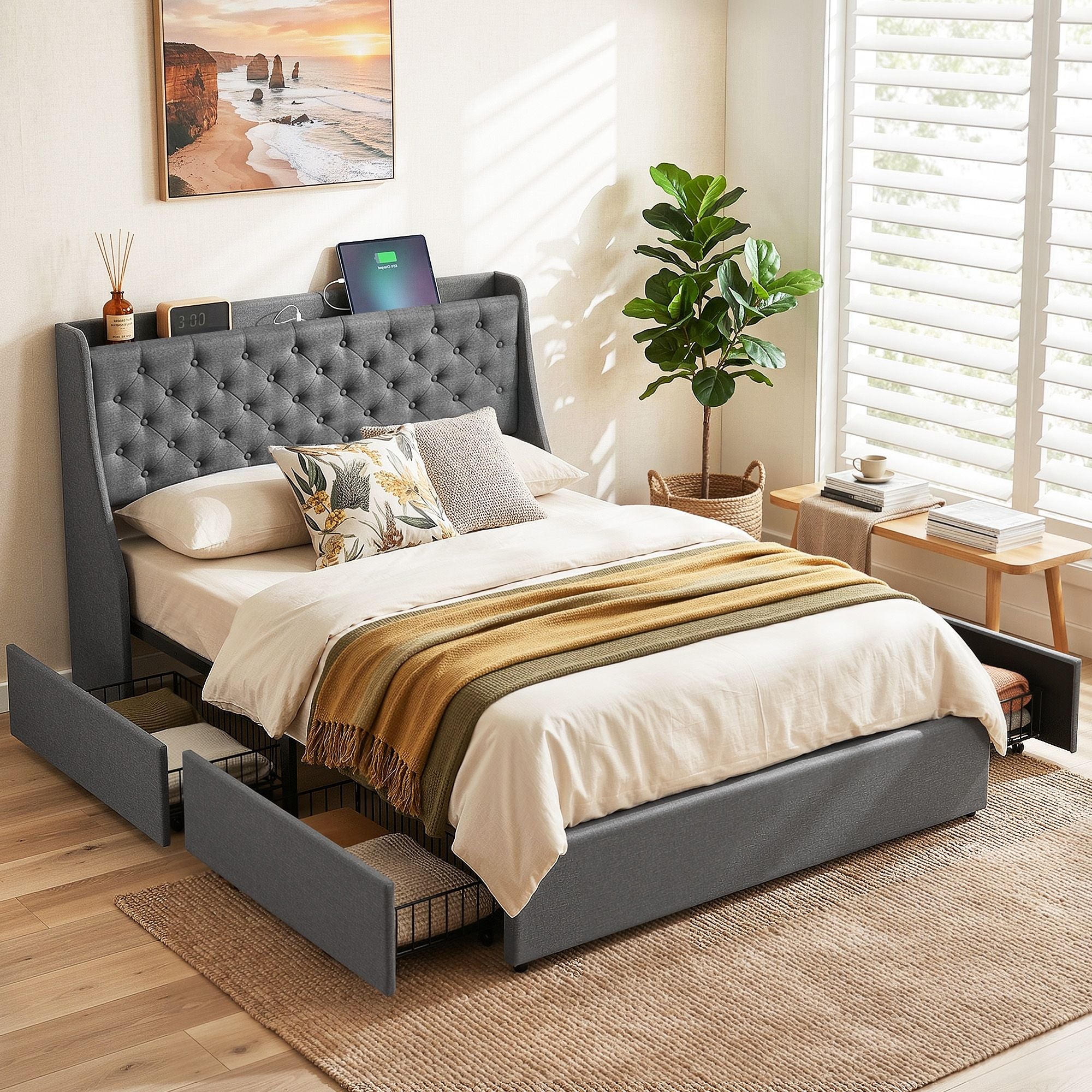 Double Bed Frame Storage Drawers Charging Station | Simplede