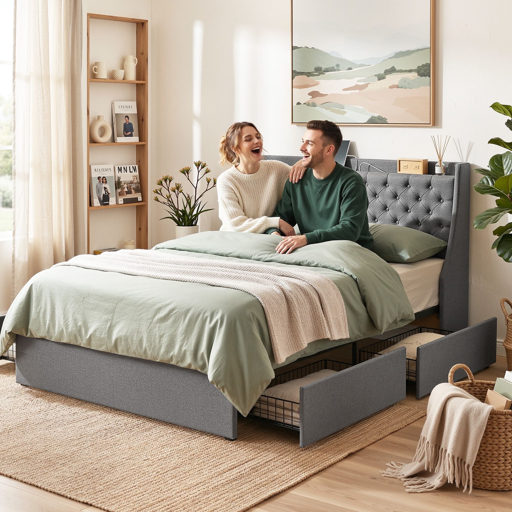 Double Bed Frame Storage Drawers Charging Station | Simplede
