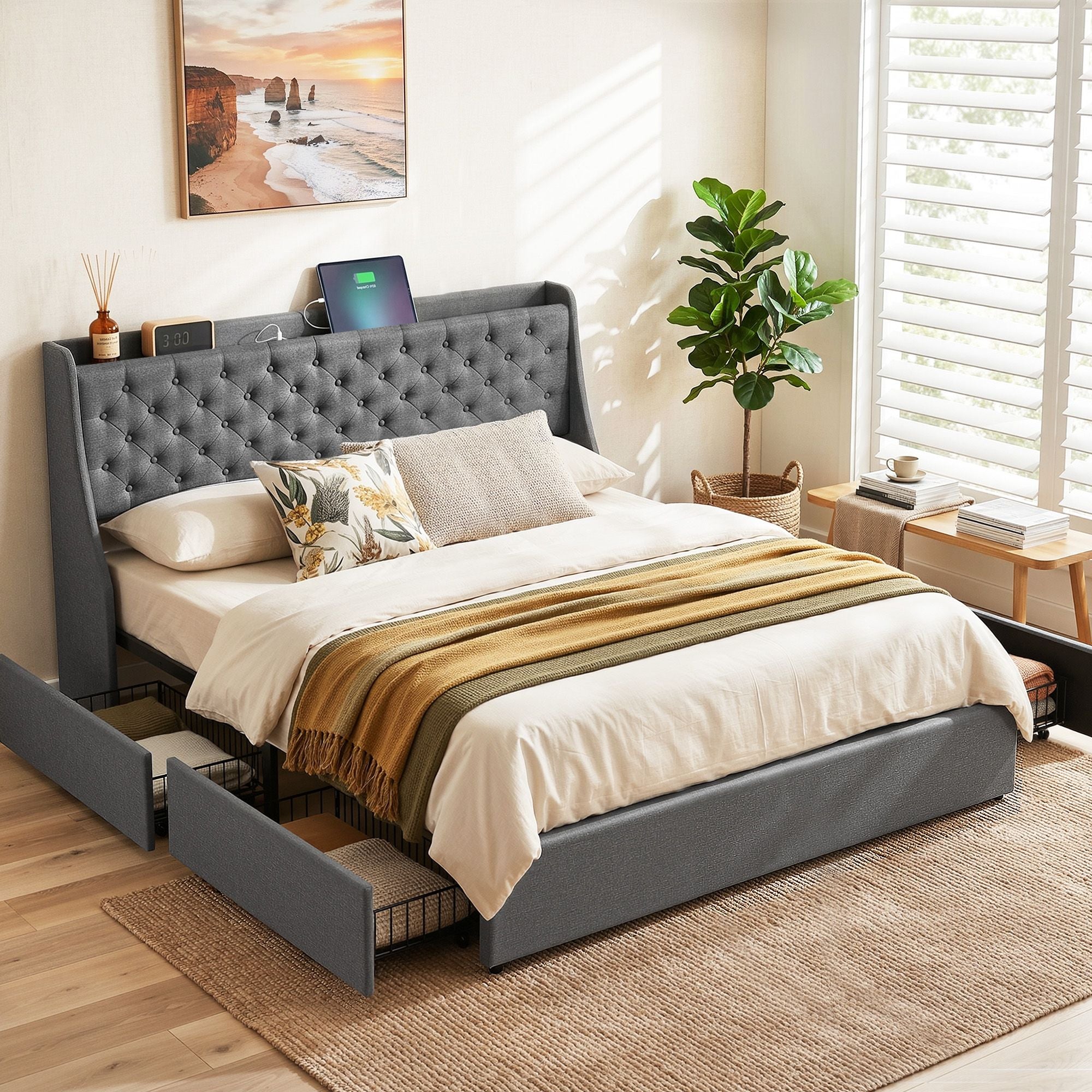 King Bed Frame Storage Drawers Charging Station | Simpledeal