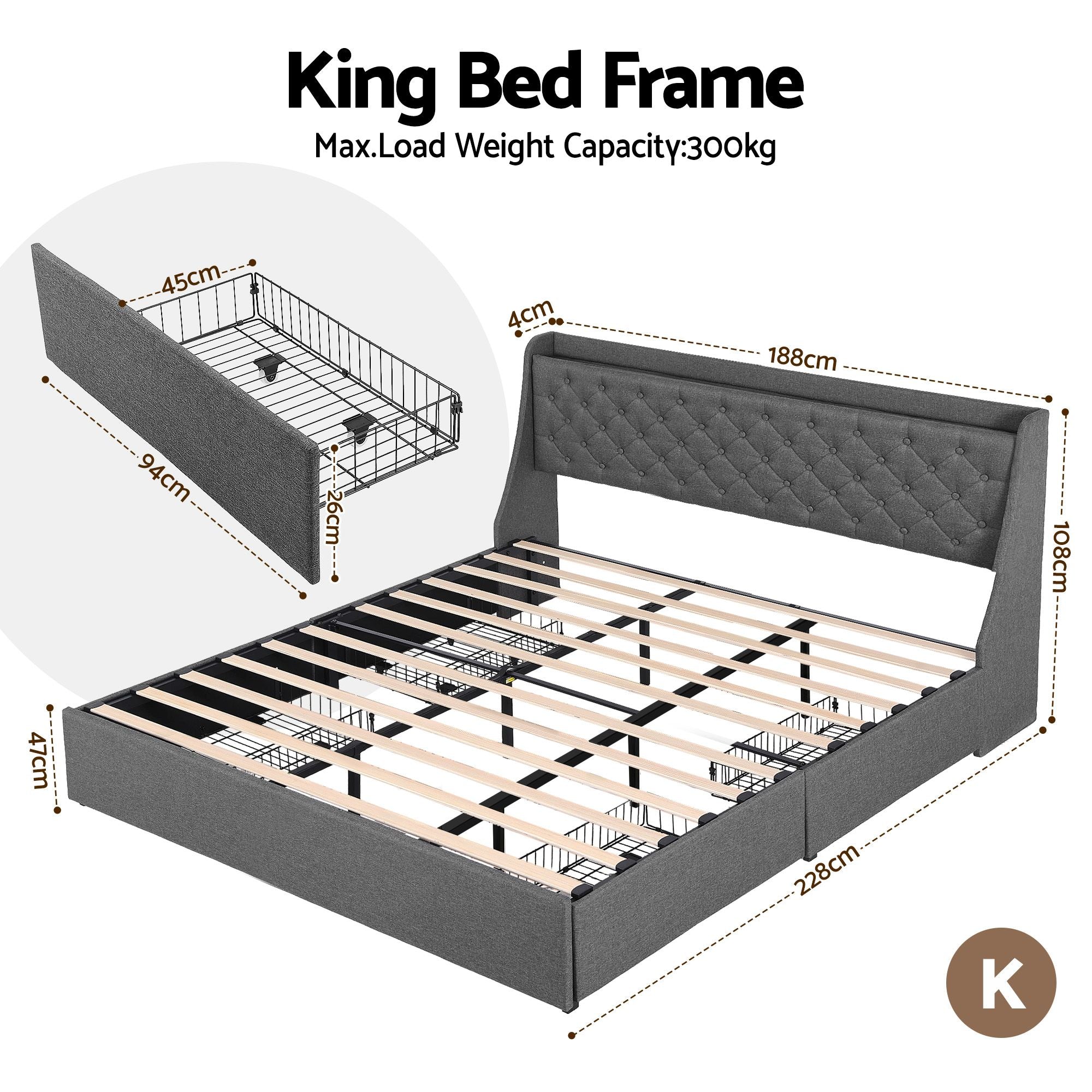 King Bed Frame Storage Drawers Charging Station | Simpledeal