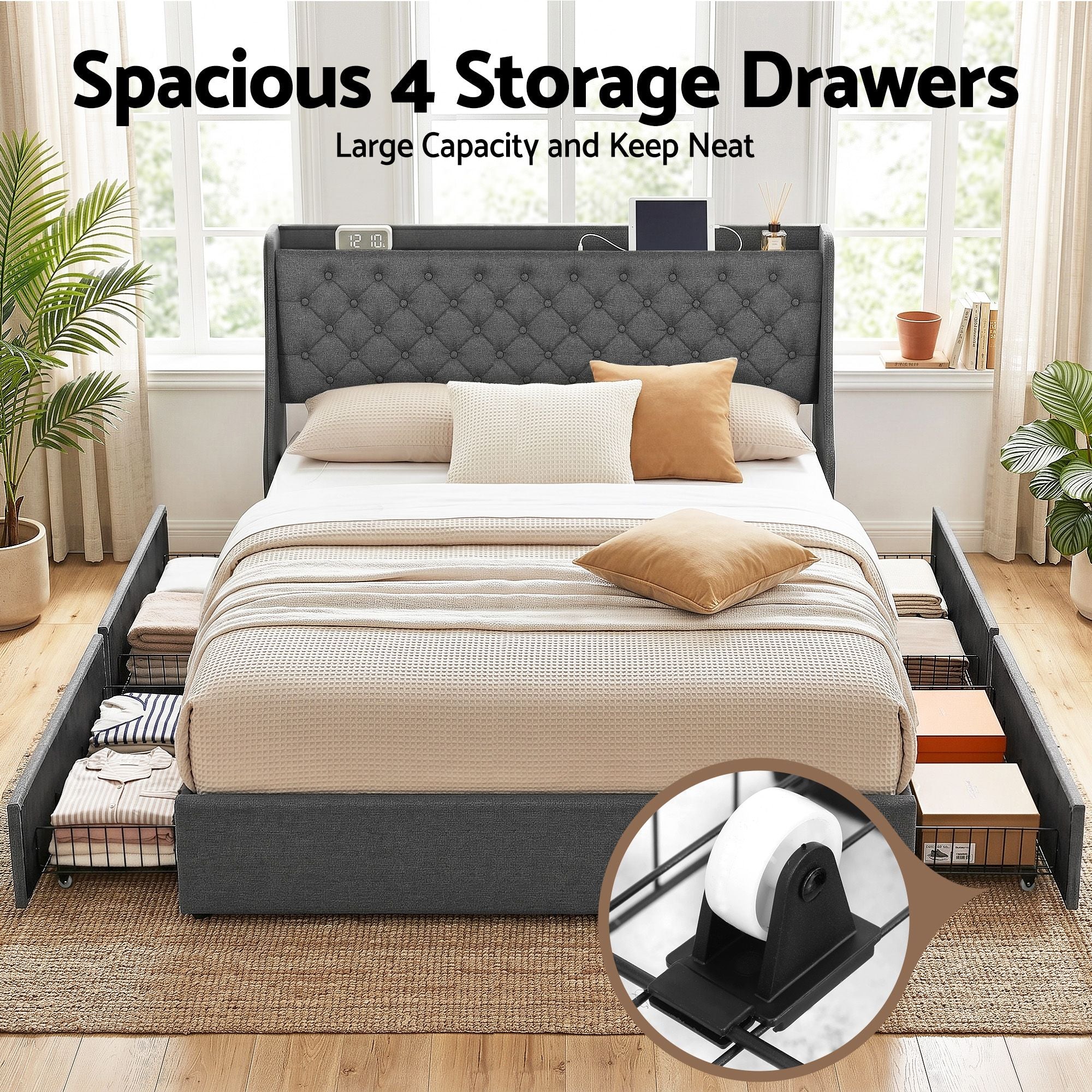 King Bed Frame Storage Drawers Charging Station | Simpledeal