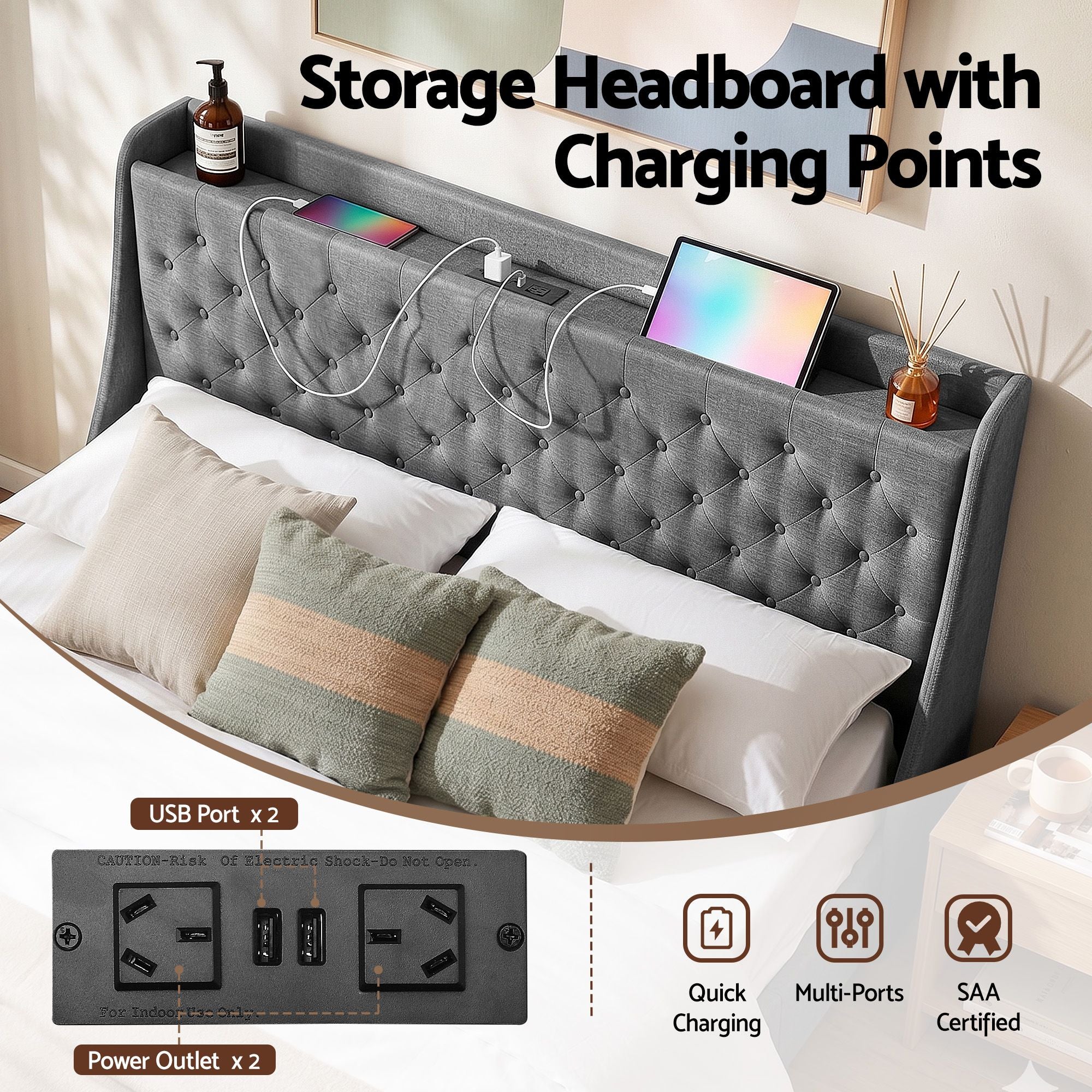 King Bed Frame Storage Drawers Charging Station | Simpledeal