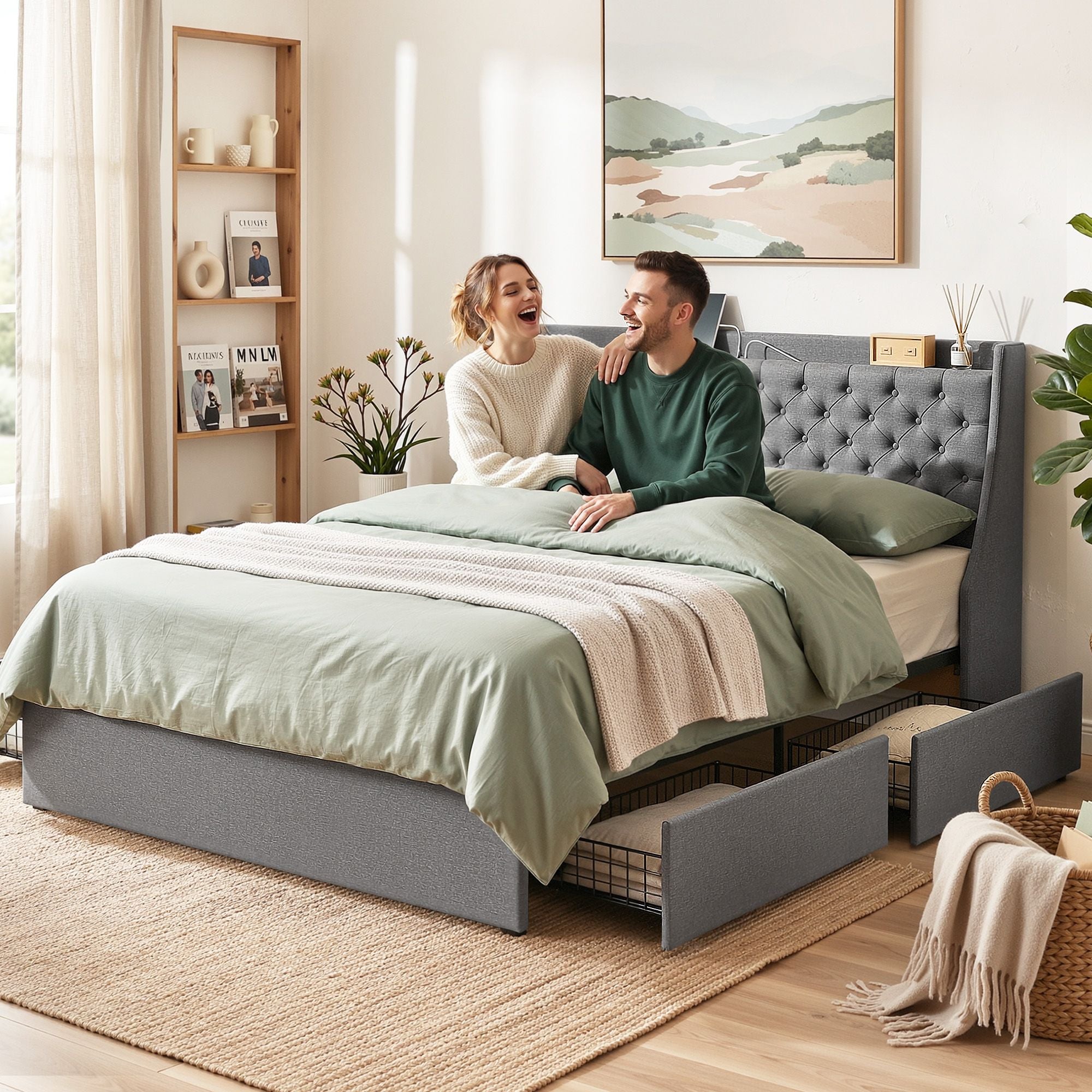 King Bed Frame Storage Drawers Charging Station | Simpledeal