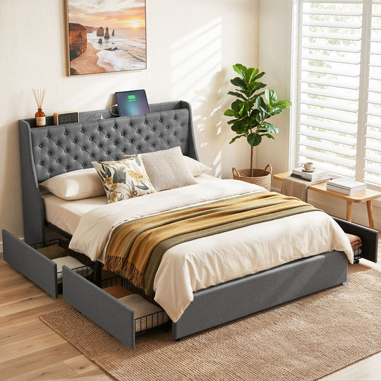 Queen Bed Frame Storage Drawers Charging Station - Beds & Bed Frames