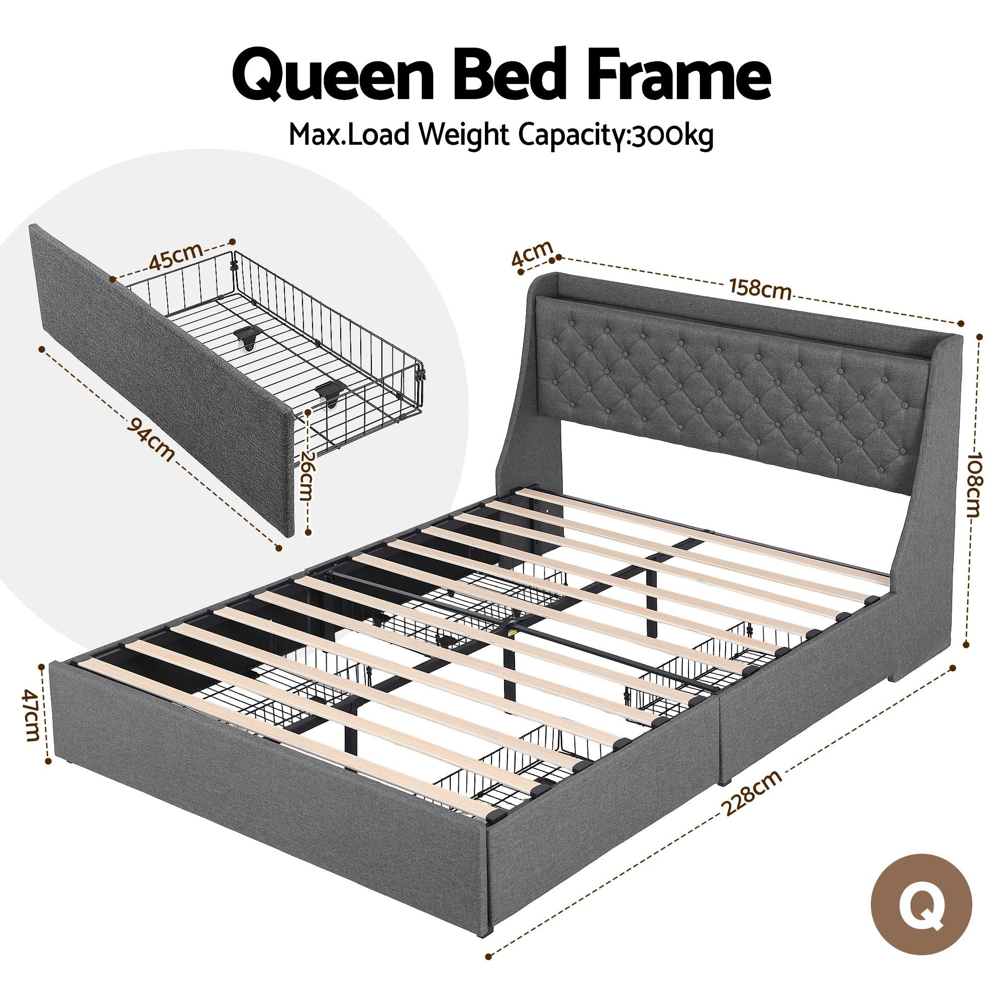 Queen Bed Frame Storage Drawers Charging Station | Simpledea