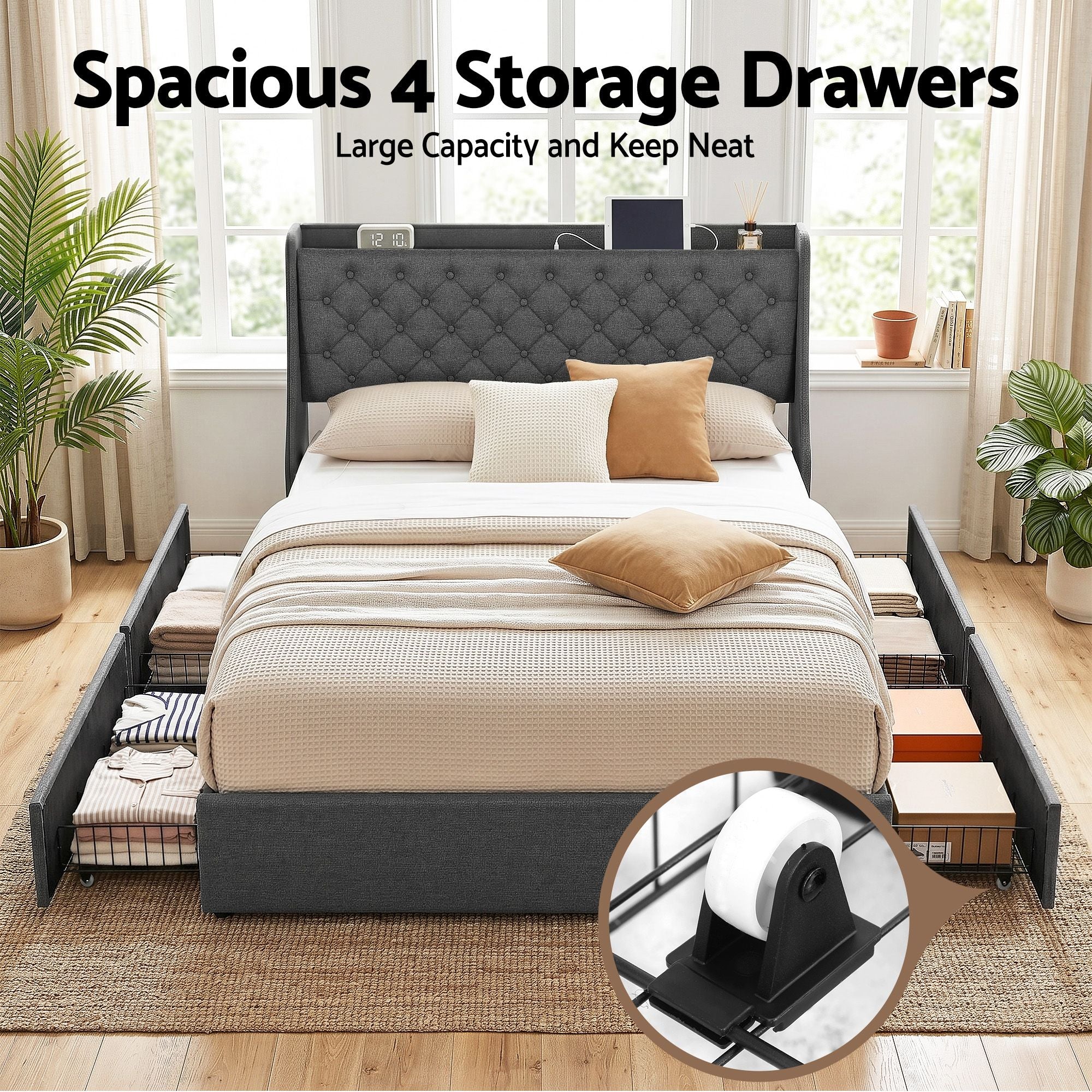 Queen Bed Frame Storage Drawers Charging Station | Simpledea