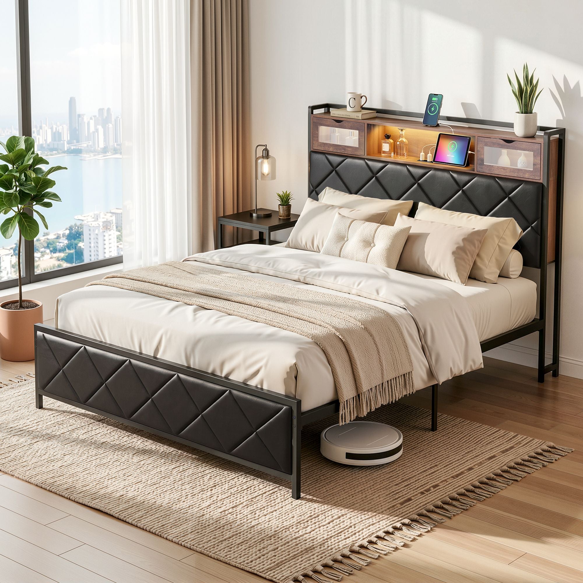Double Bed Frame LED Lights USB Charging Headboard | Simpled