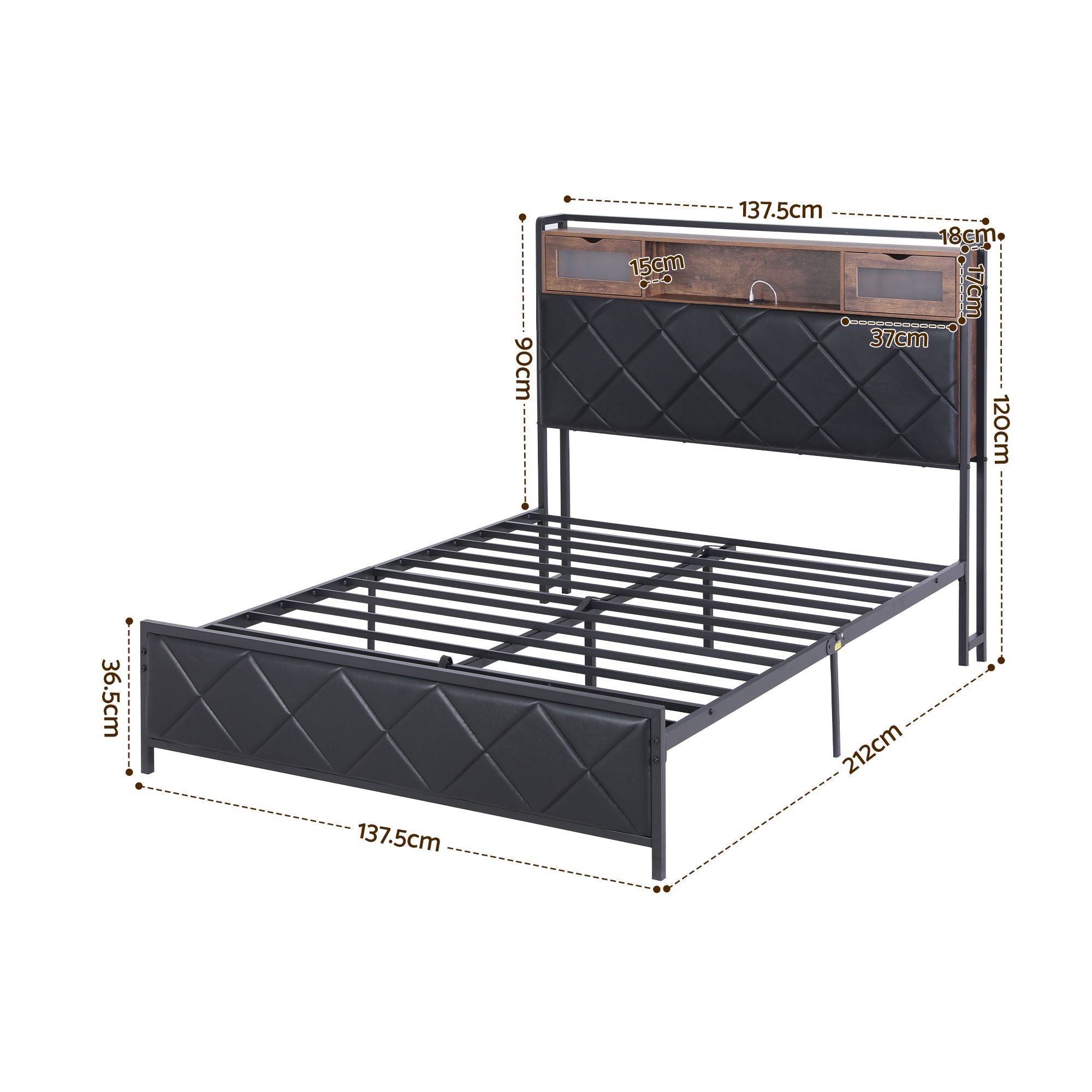 Double Bed Frame LED Lights USB Charging Headboard | Simpled