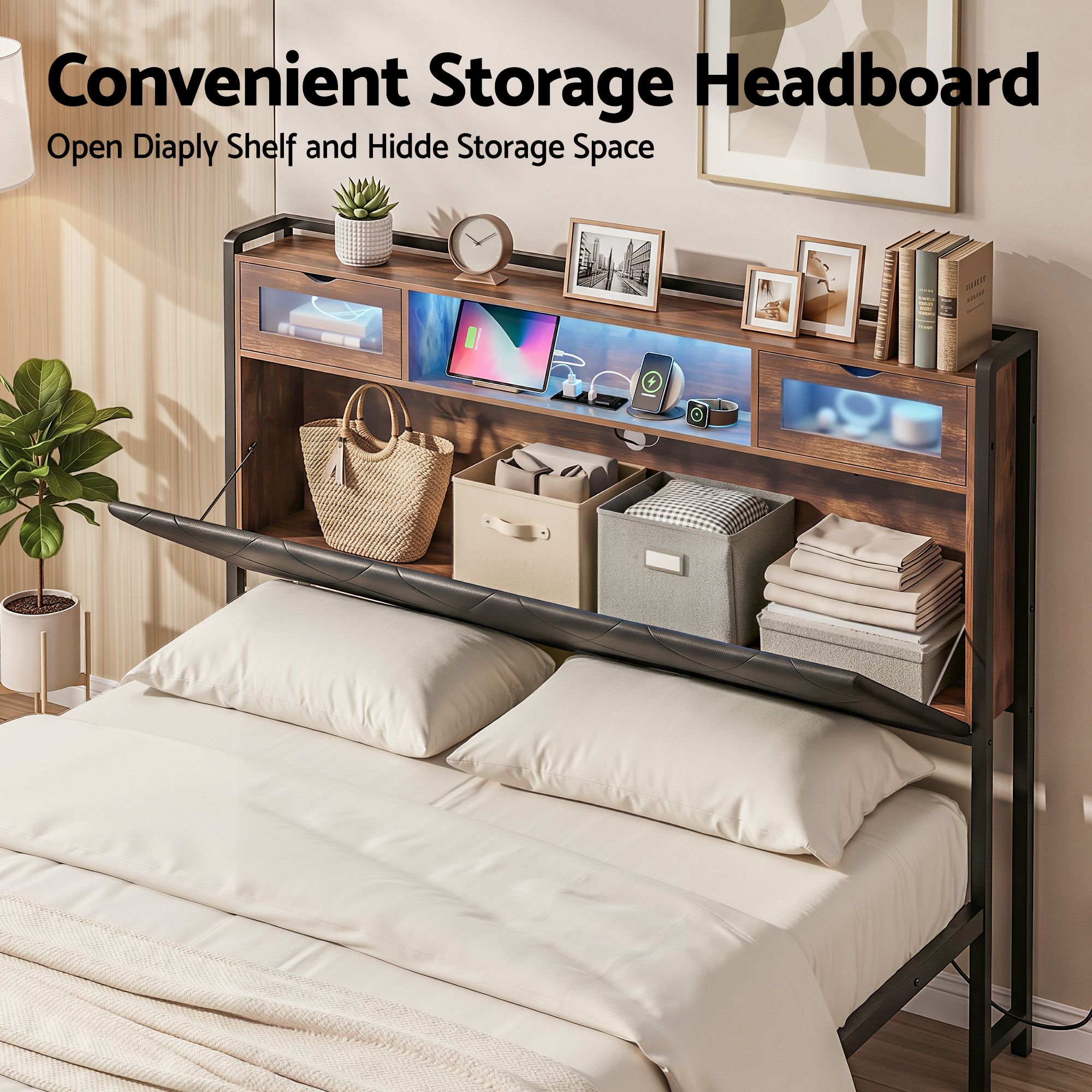 Double Bed Frame LED Lights USB Charging Headboard | Simpled