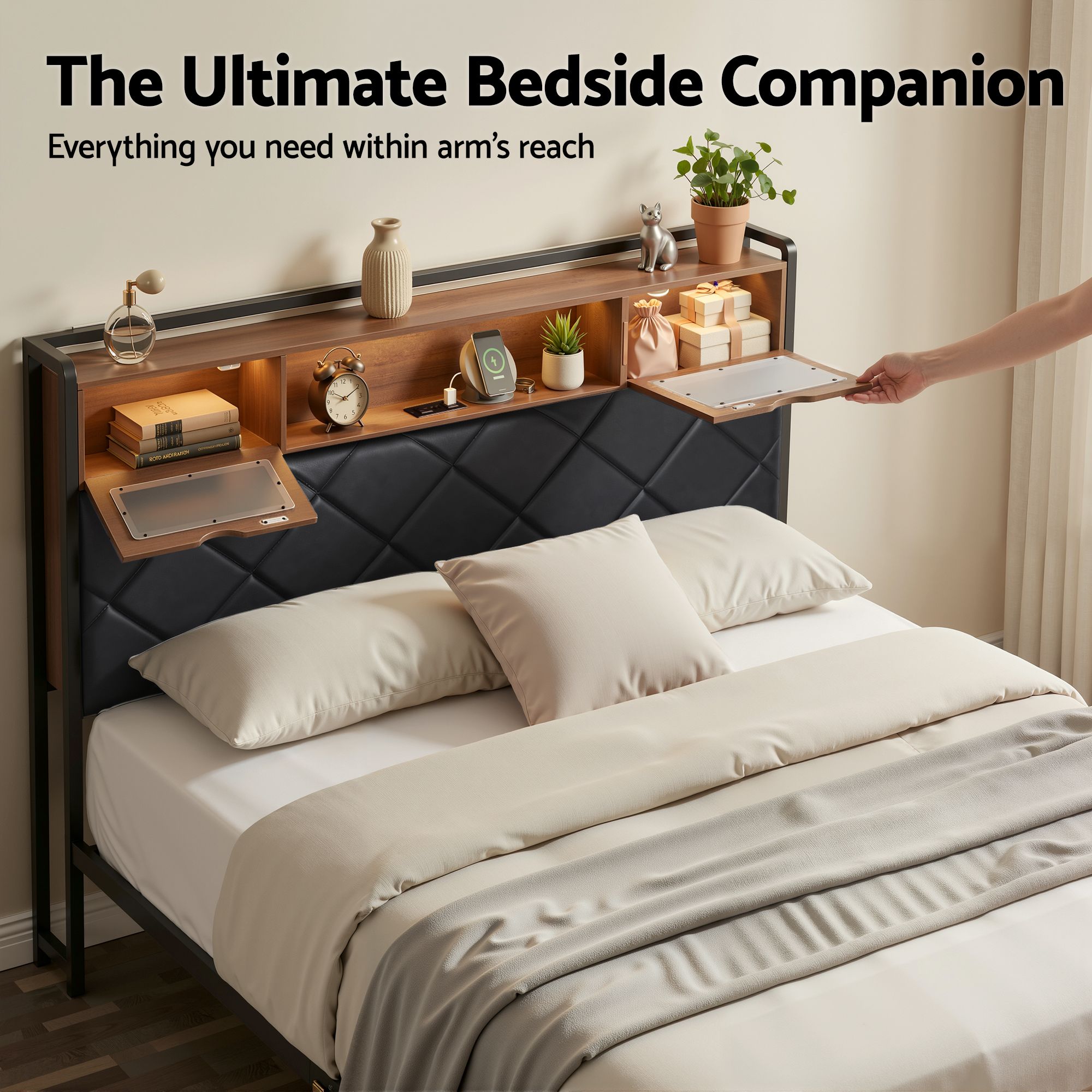 Double Bed Frame LED Lights USB Charging Headboard | Simpled