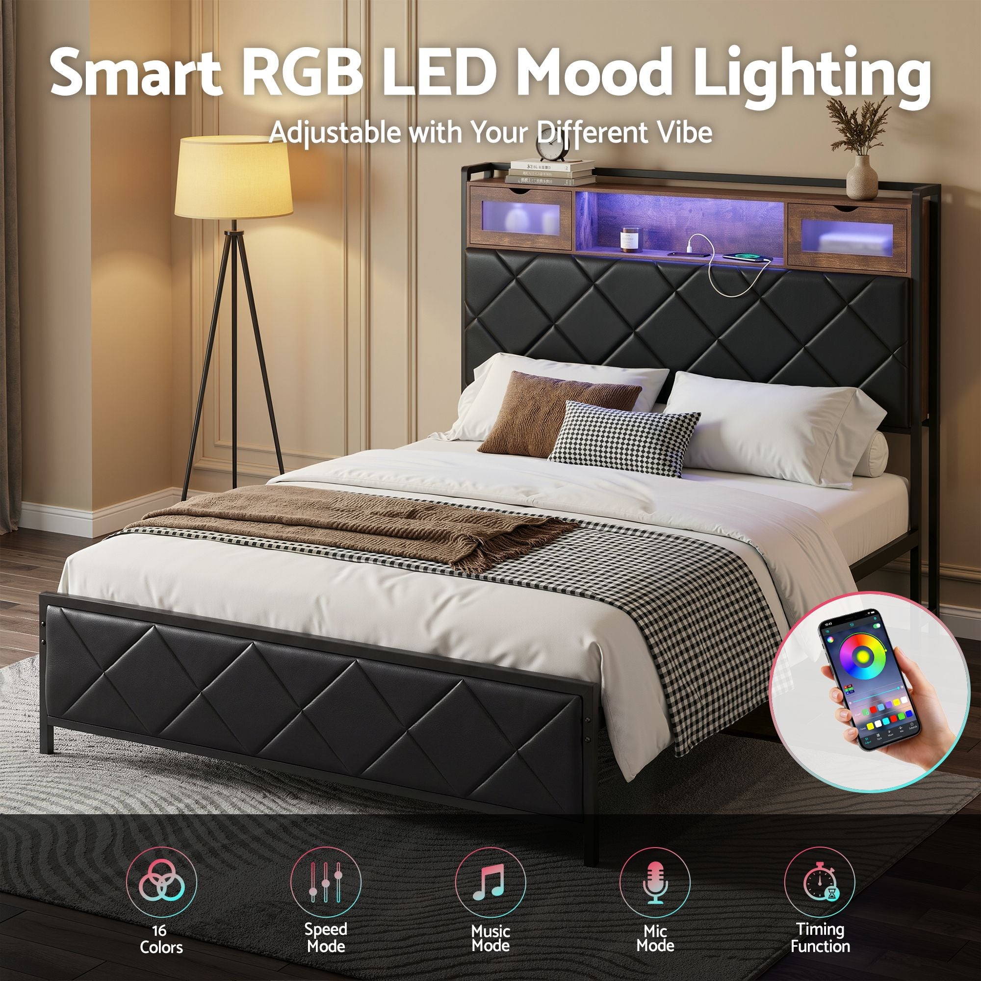 Double Bed Frame LED Lights USB Charging Headboard | Simpled