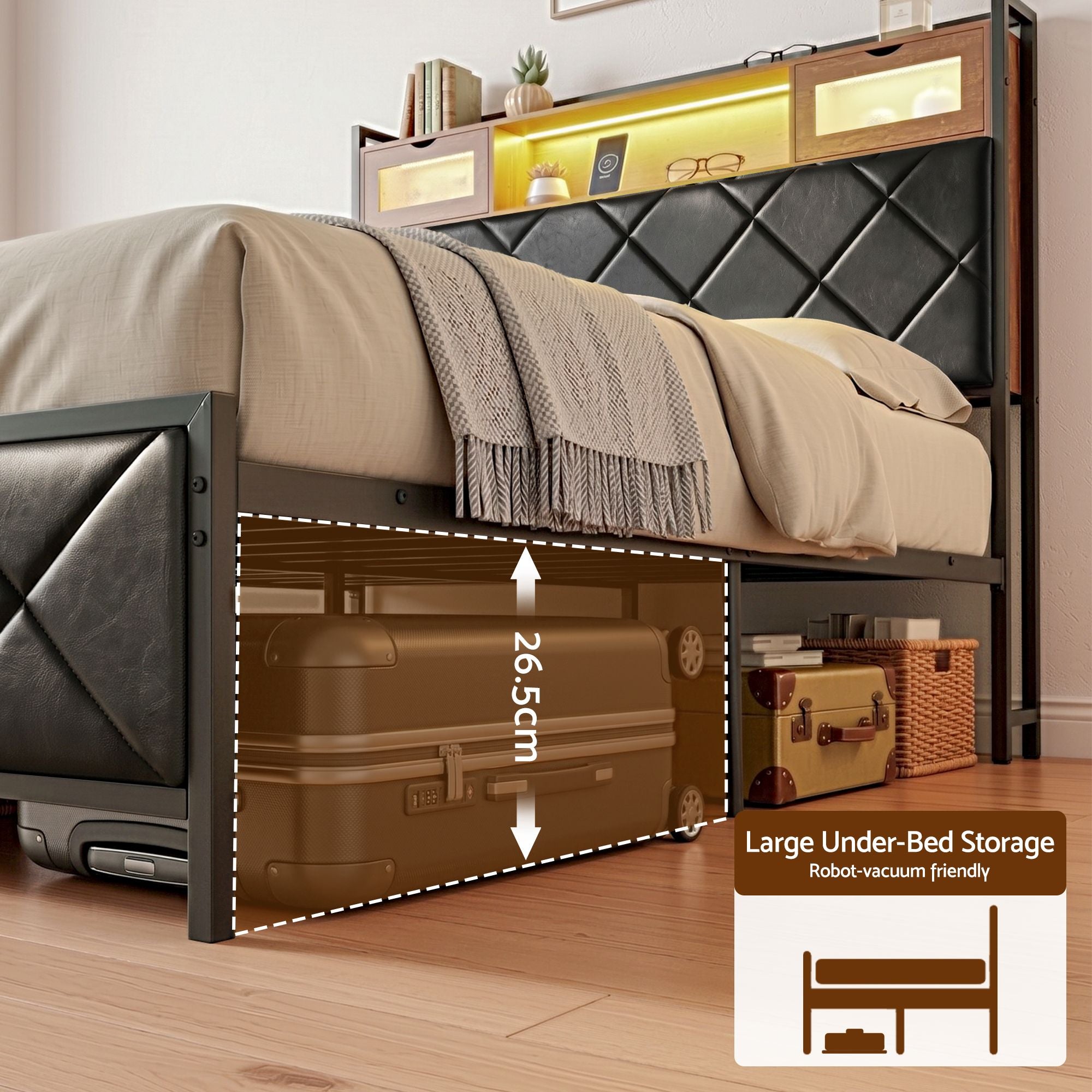 Double Bed Frame LED Lights USB Charging Headboard | Simpled