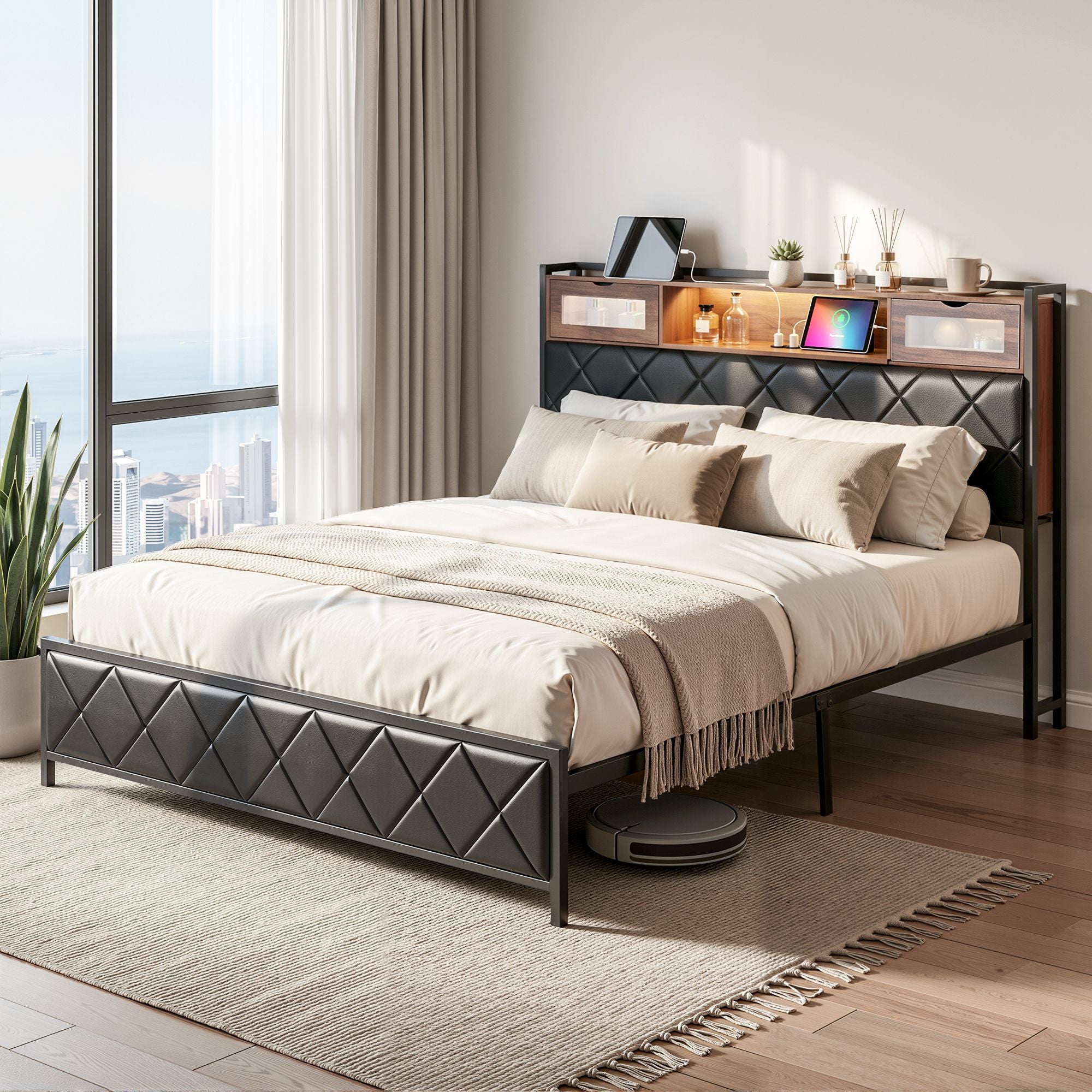 King Bed Frame LED Lights Storage Headboard | Simpledeals