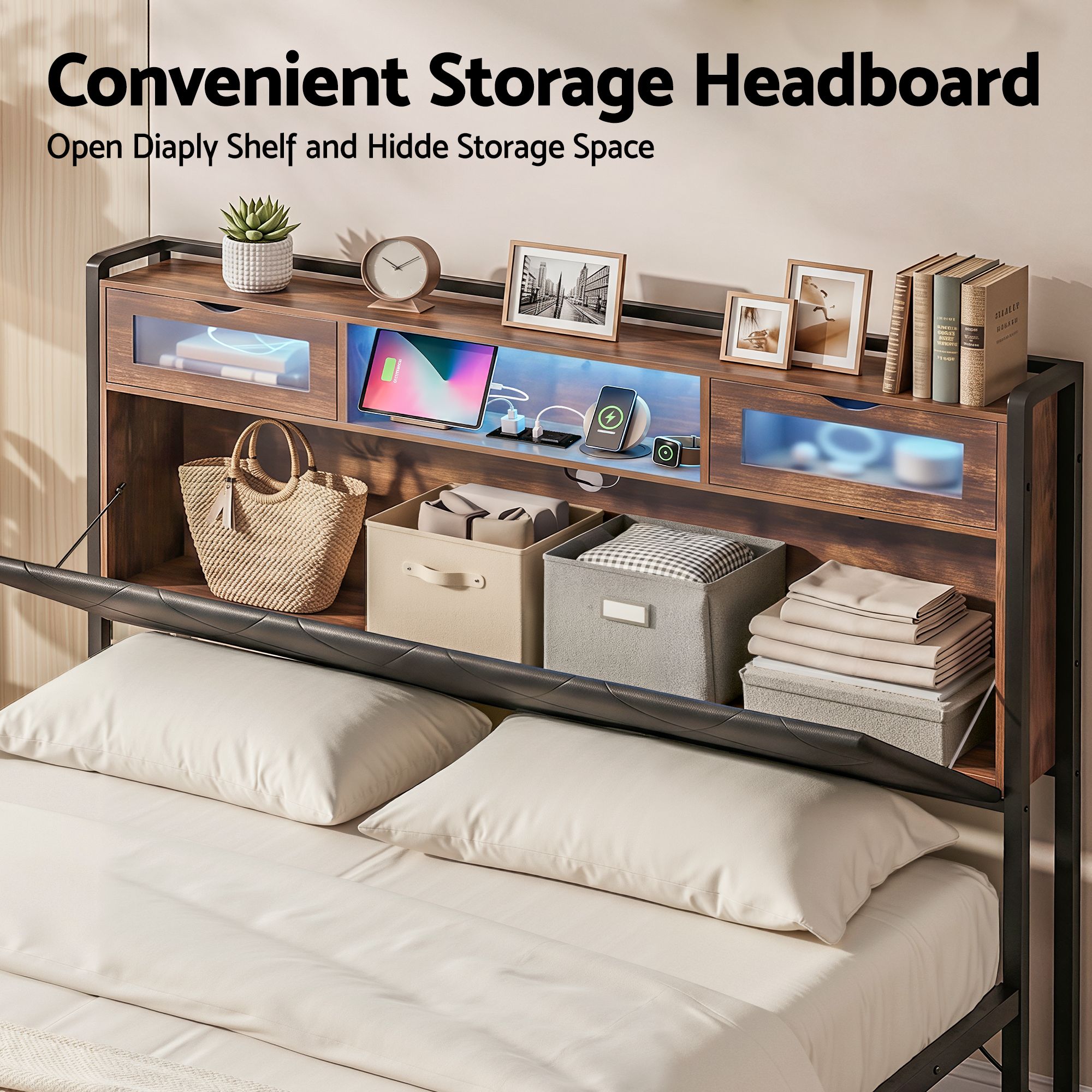 King Bed Frame LED Lights Storage Headboard | Simpledeals
