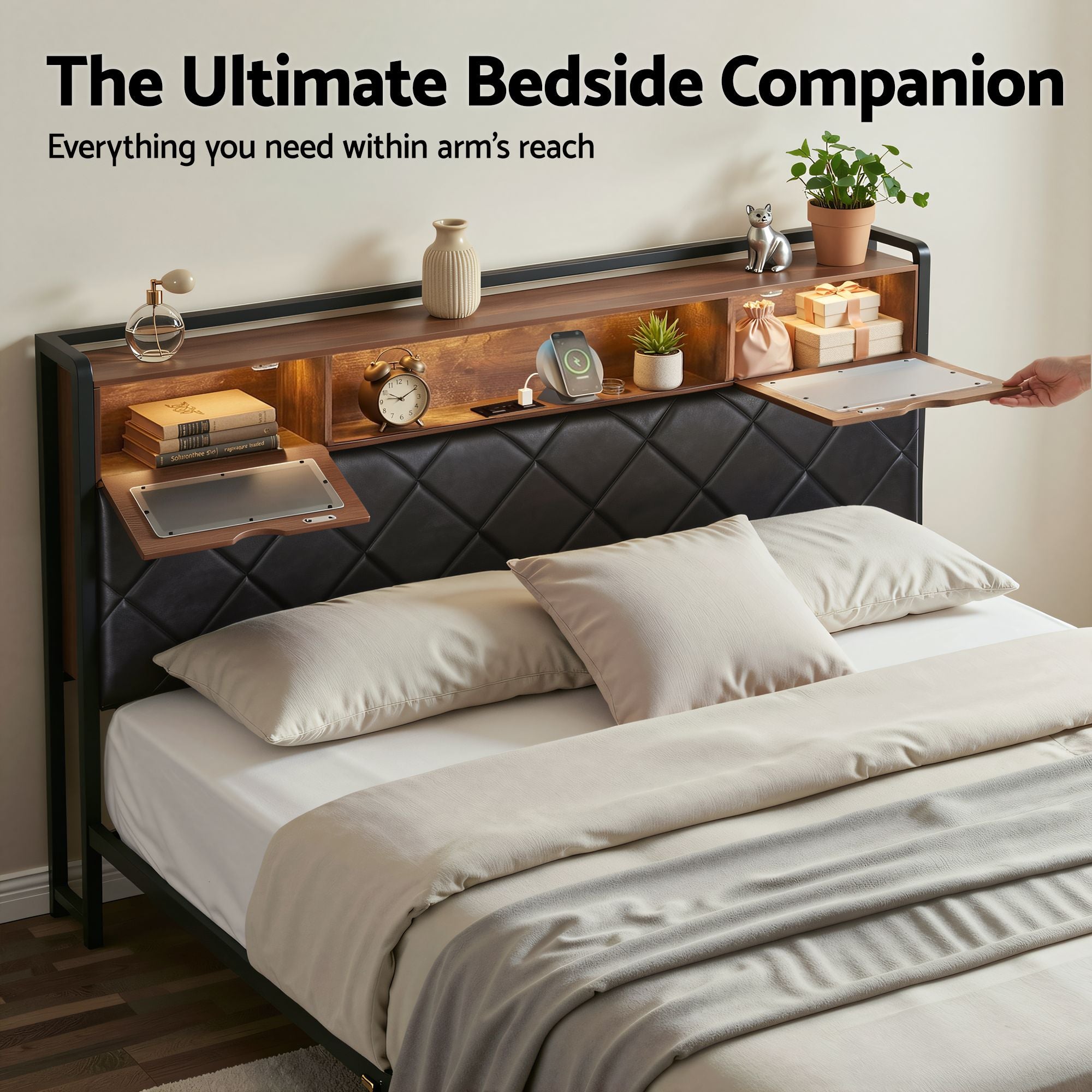King Bed Frame LED Lights Storage Headboard | Simpledeals