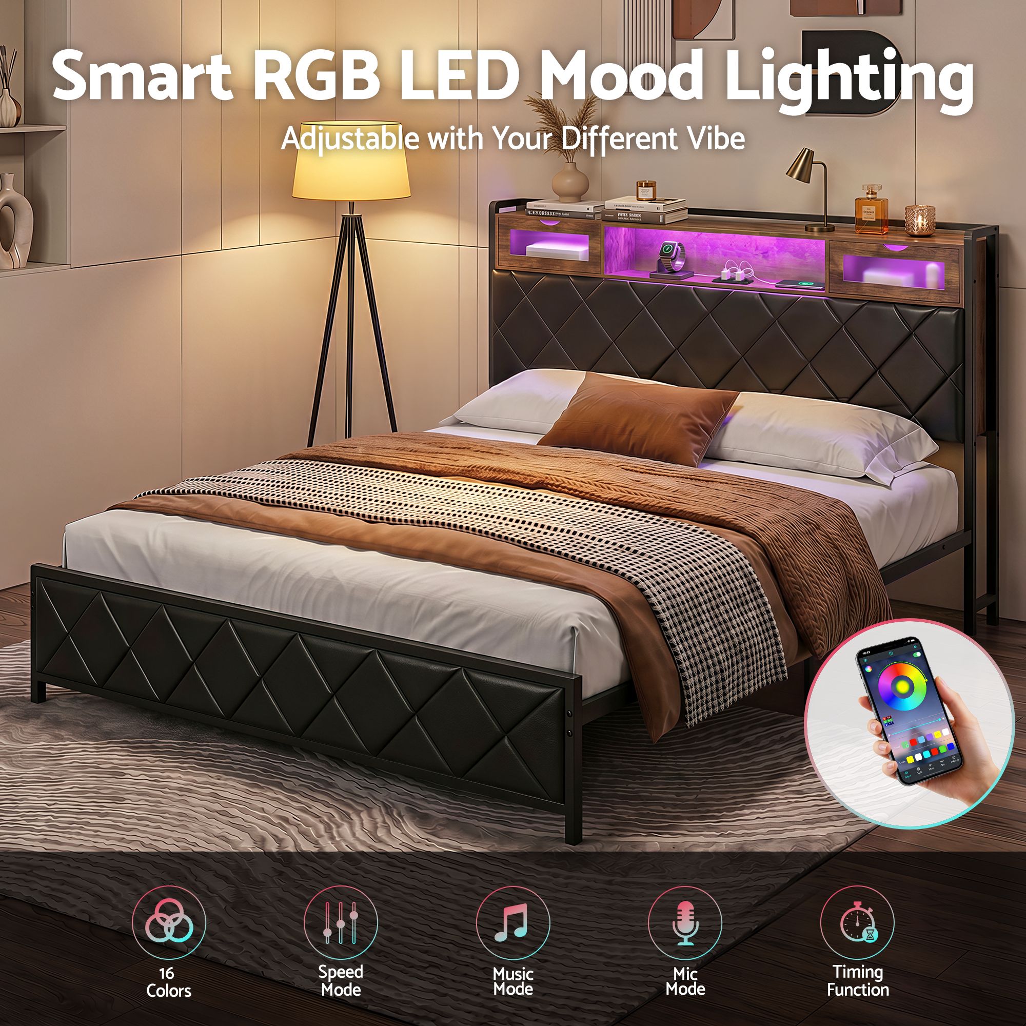 King Bed Frame LED Lights Storage Headboard | Simpledeals