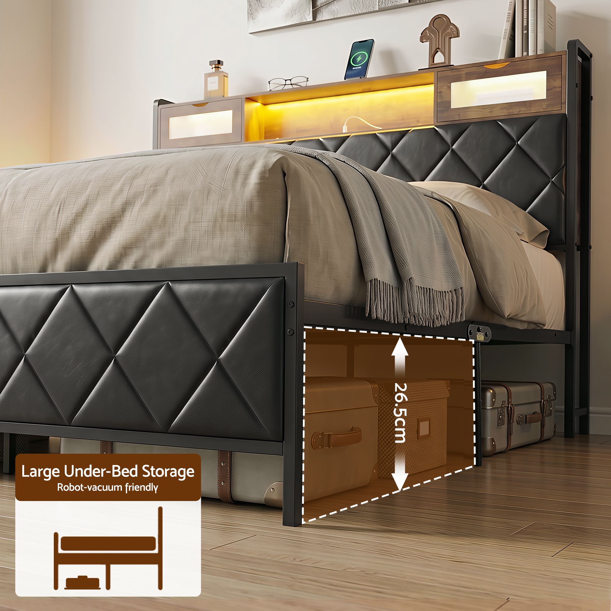 King Bed Frame LED Lights Storage Headboard | Simpledeals