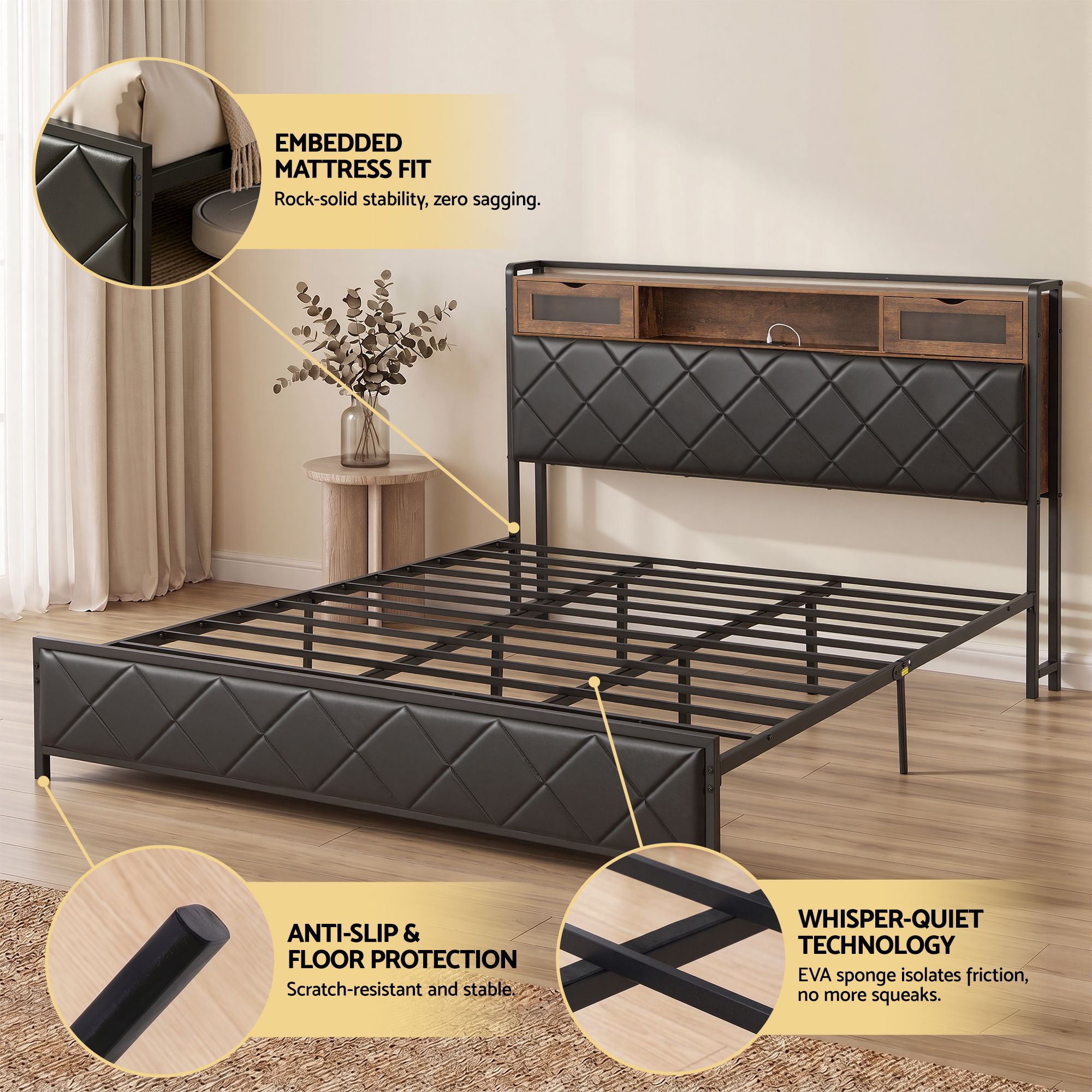 King Bed Frame LED Lights Storage Headboard | Simpledeals