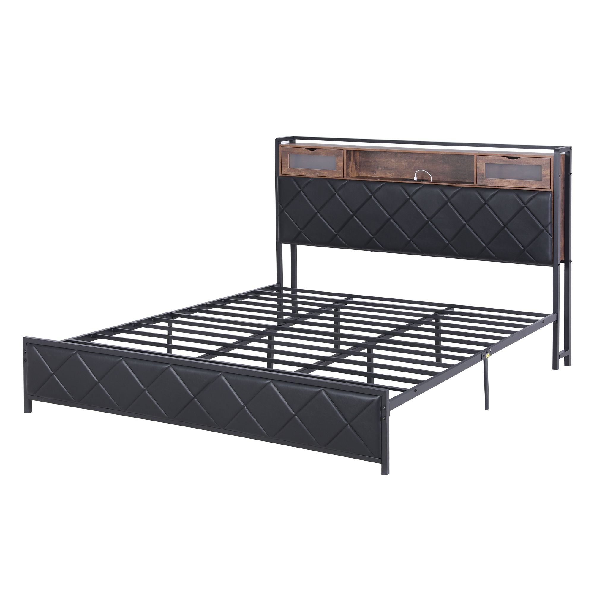 King Bed Frame LED Lights Storage Headboard | Simpledeals