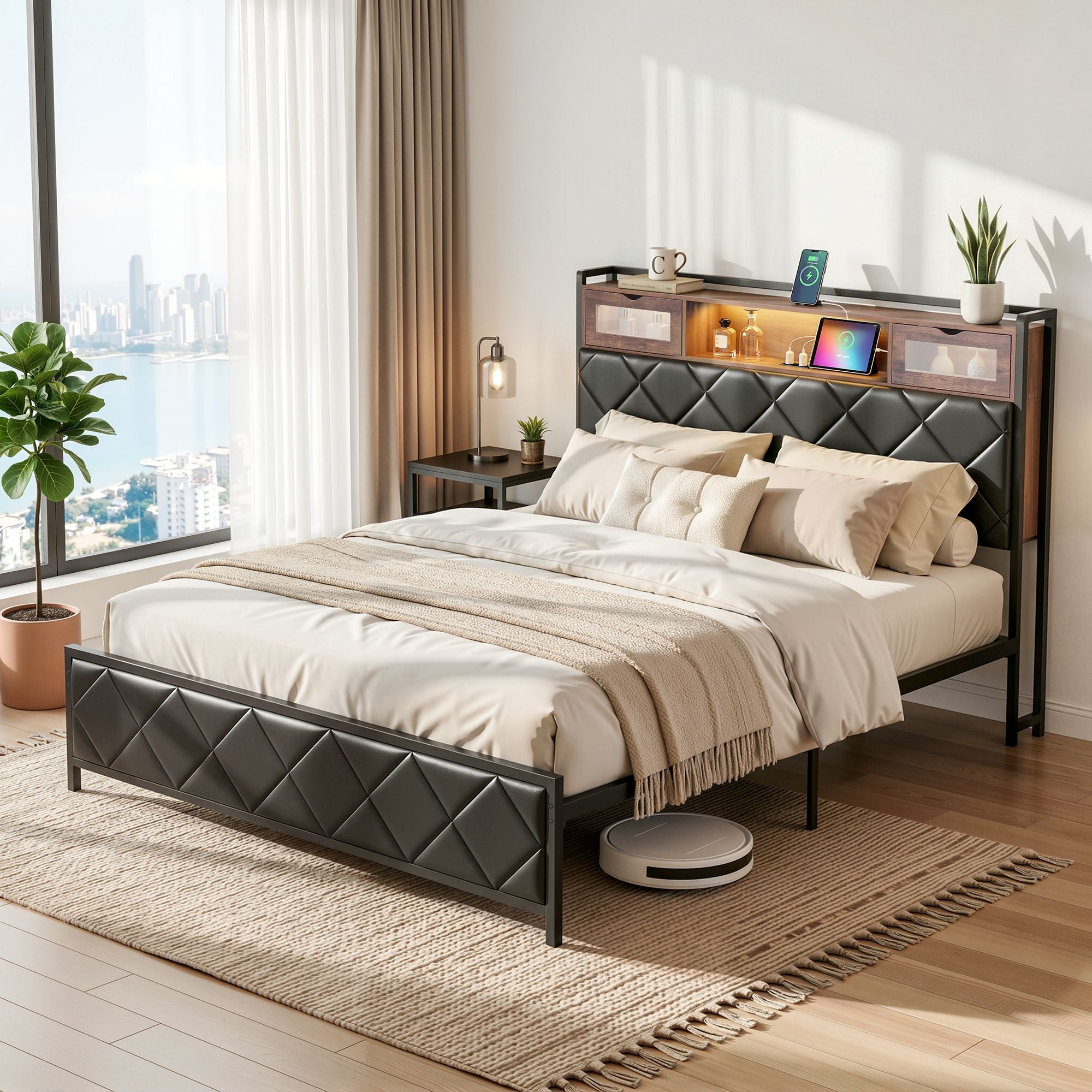 Queen LED Bed Frame Storage Headboard Charger | Simpledeals