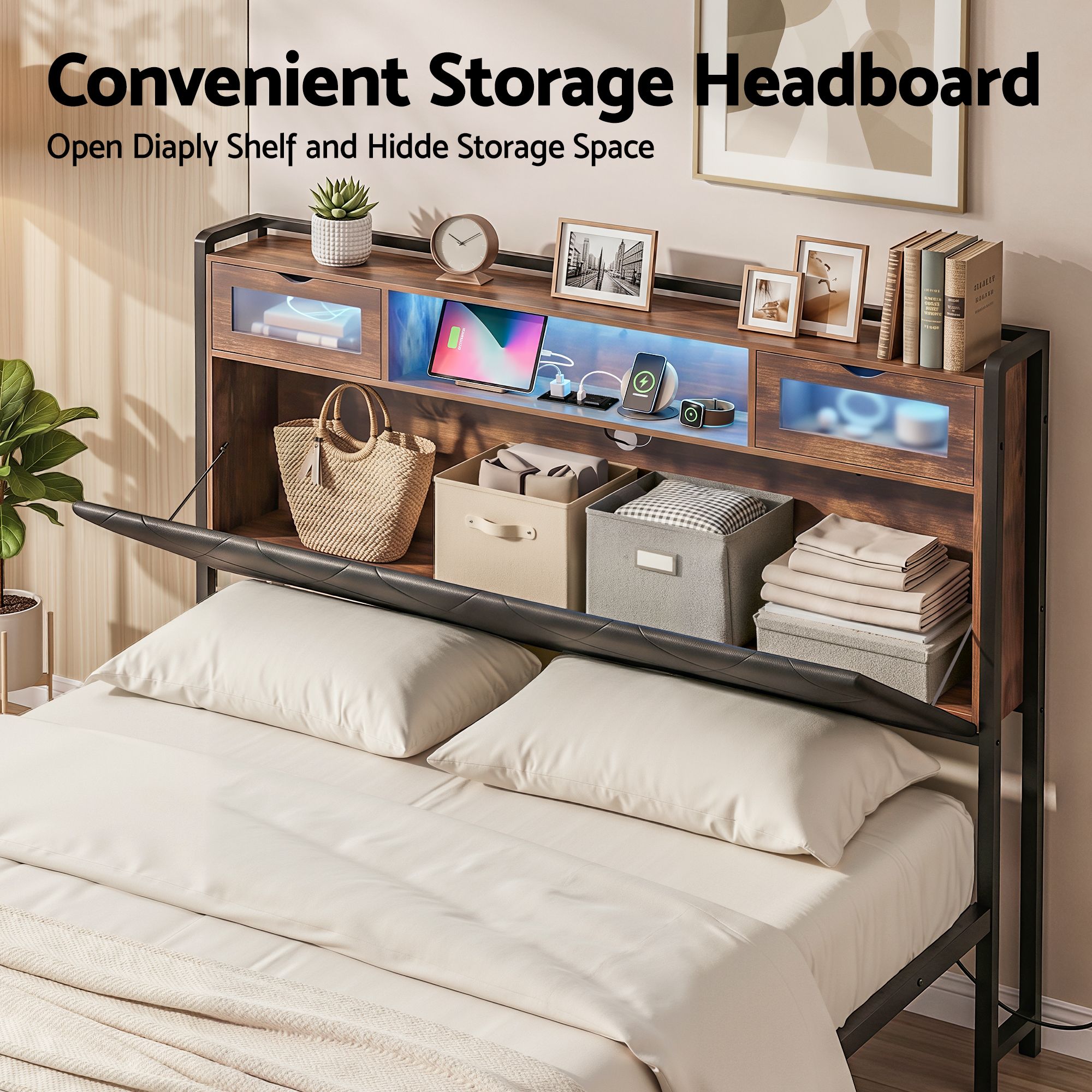 Queen LED Bed Frame Storage Headboard Charger | Simpledeals