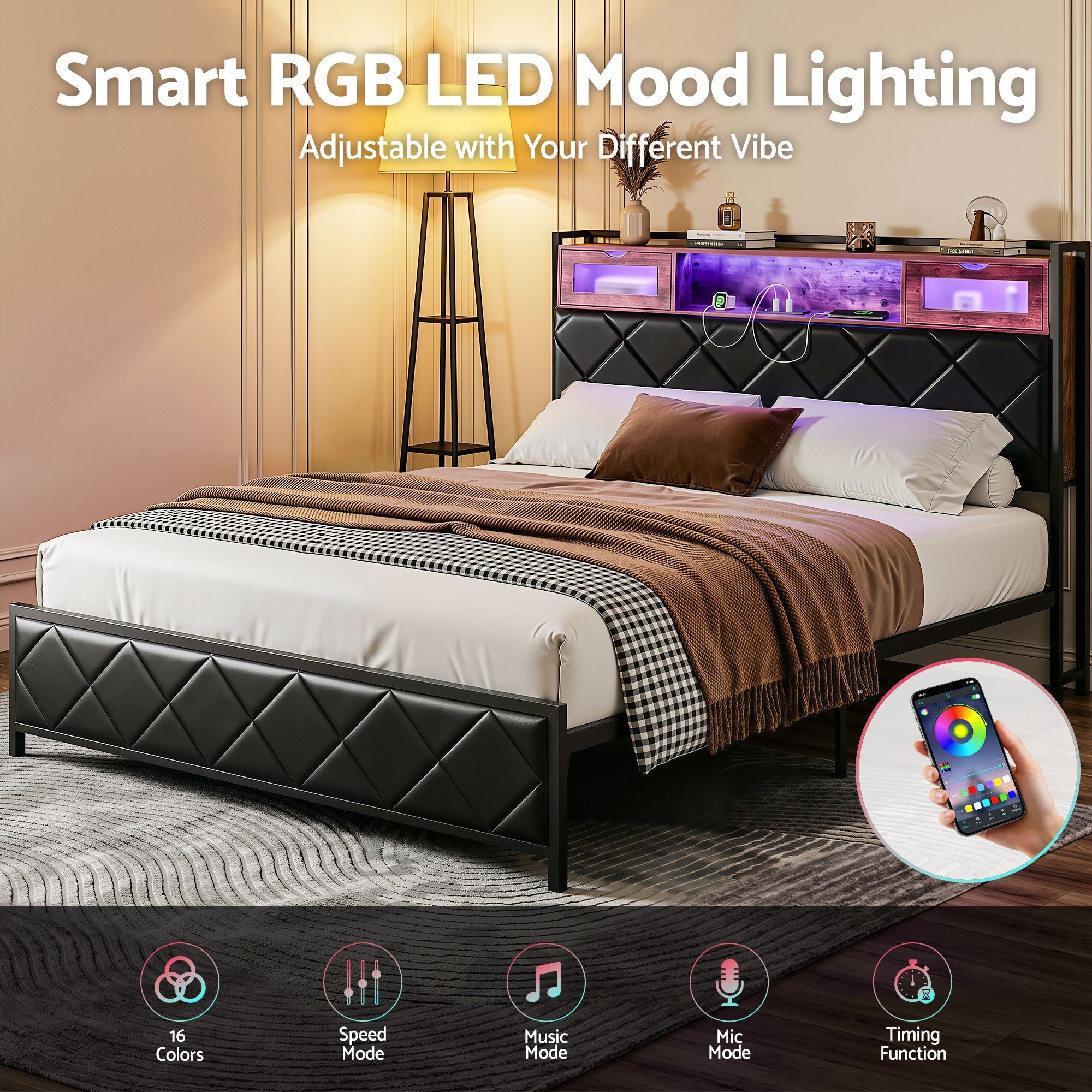 Queen LED Bed Frame Storage Headboard Charger | Simpledeals