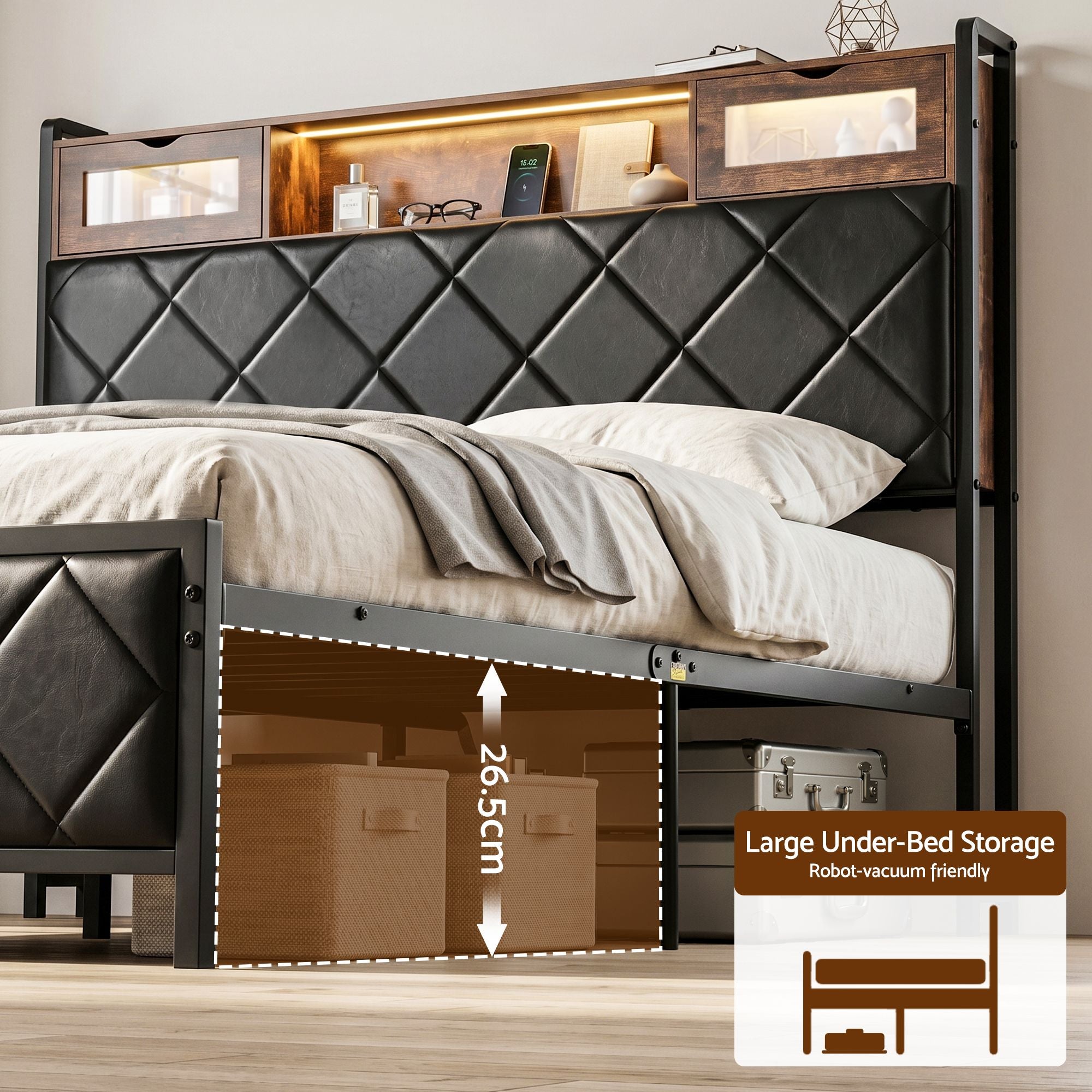 Queen LED Bed Frame Storage Headboard Charger | Simpledeals