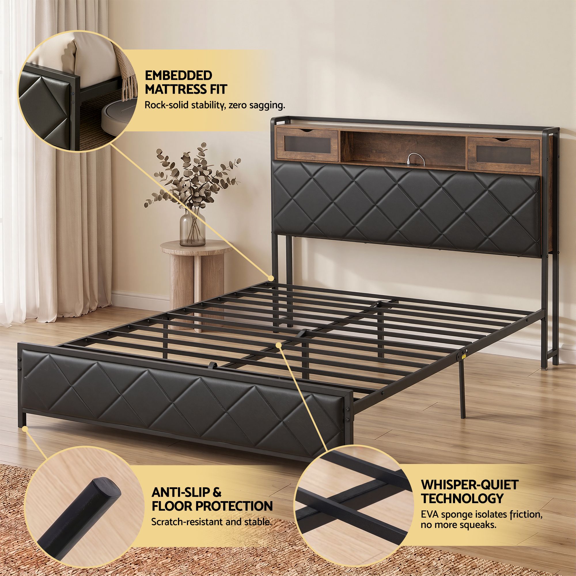 Queen LED Bed Frame Storage Headboard Charger | Simpledeals