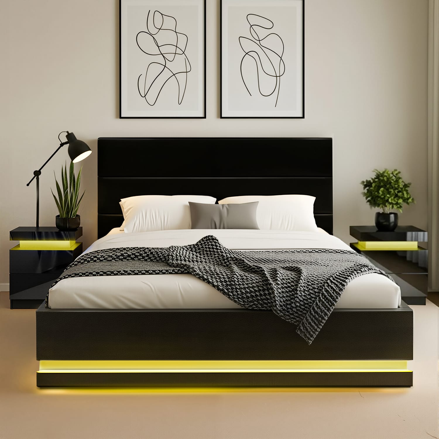 Queen Bed Frame With Colour Lighting 203x153cm