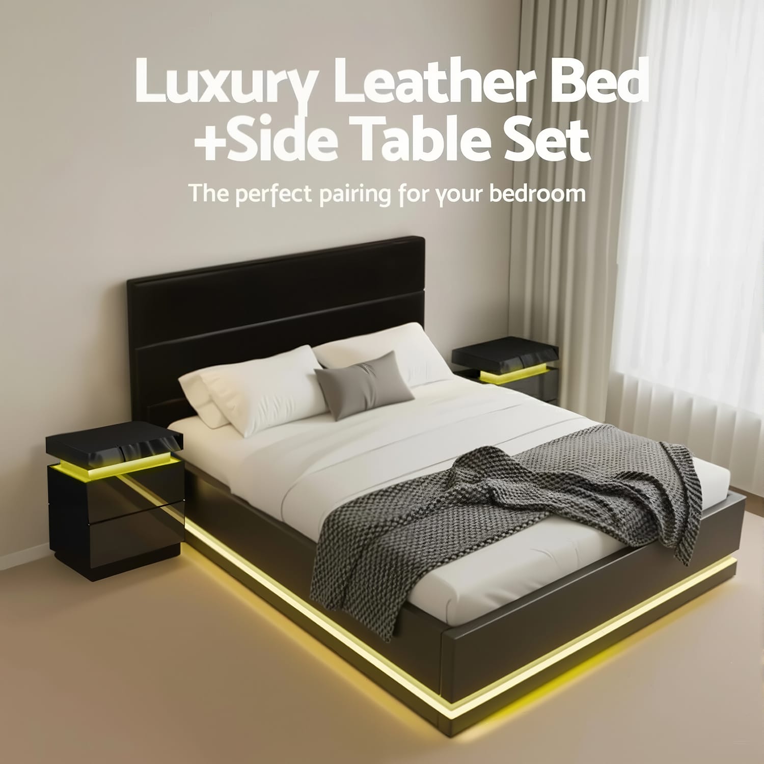 Queen Bed Frame With Colour Lighting 203x153cm