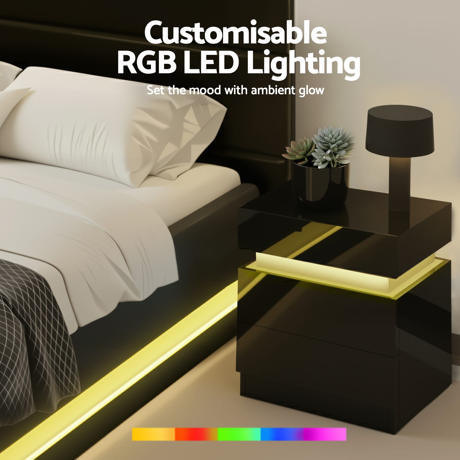 Queen Bed Frame With Colour Lighting 203x153cm
