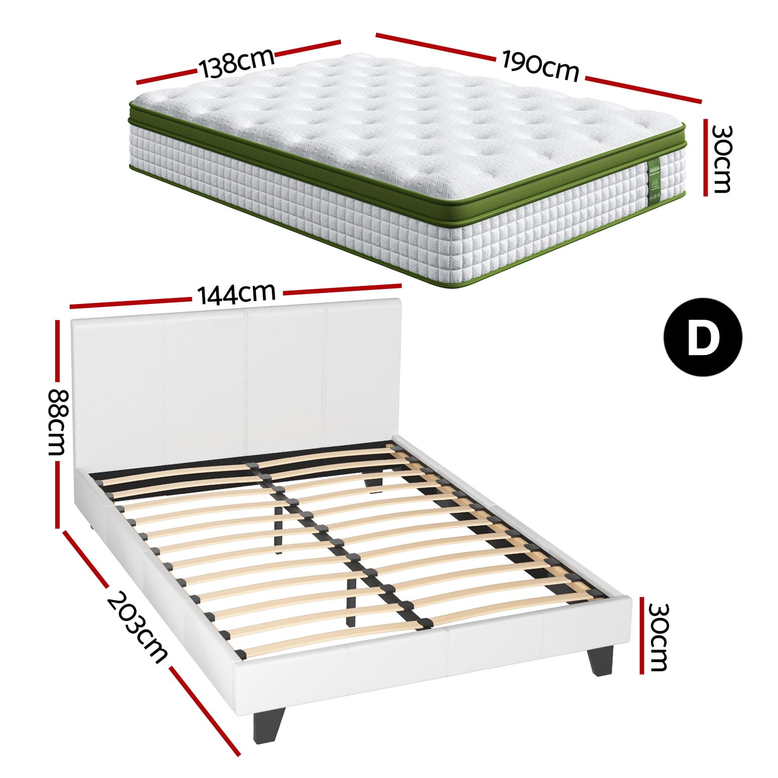 Double Bed Frame White Leather 203x144x88cm