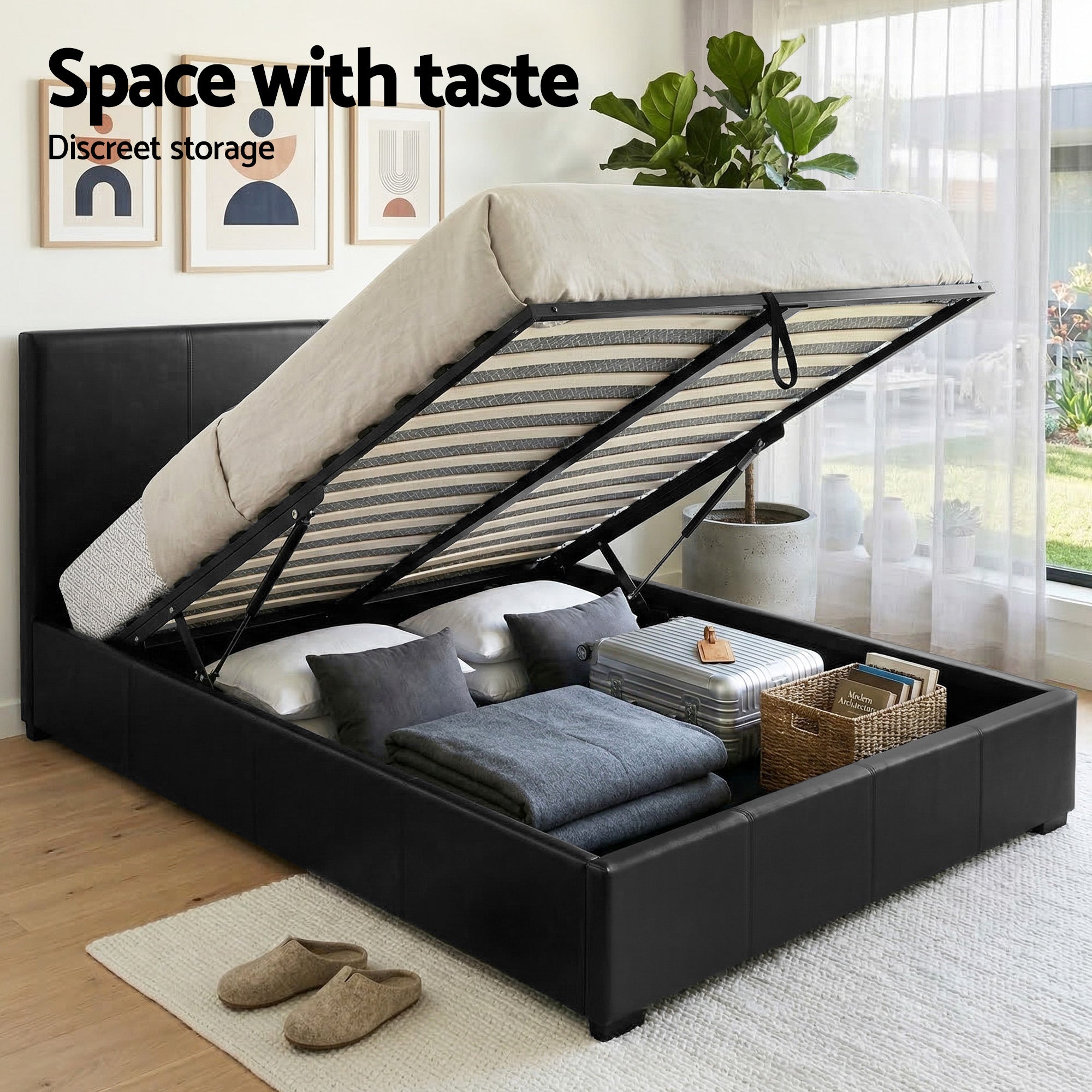 Queen Gas Lift Bed Frame Bedside Table Set | Simpledeals