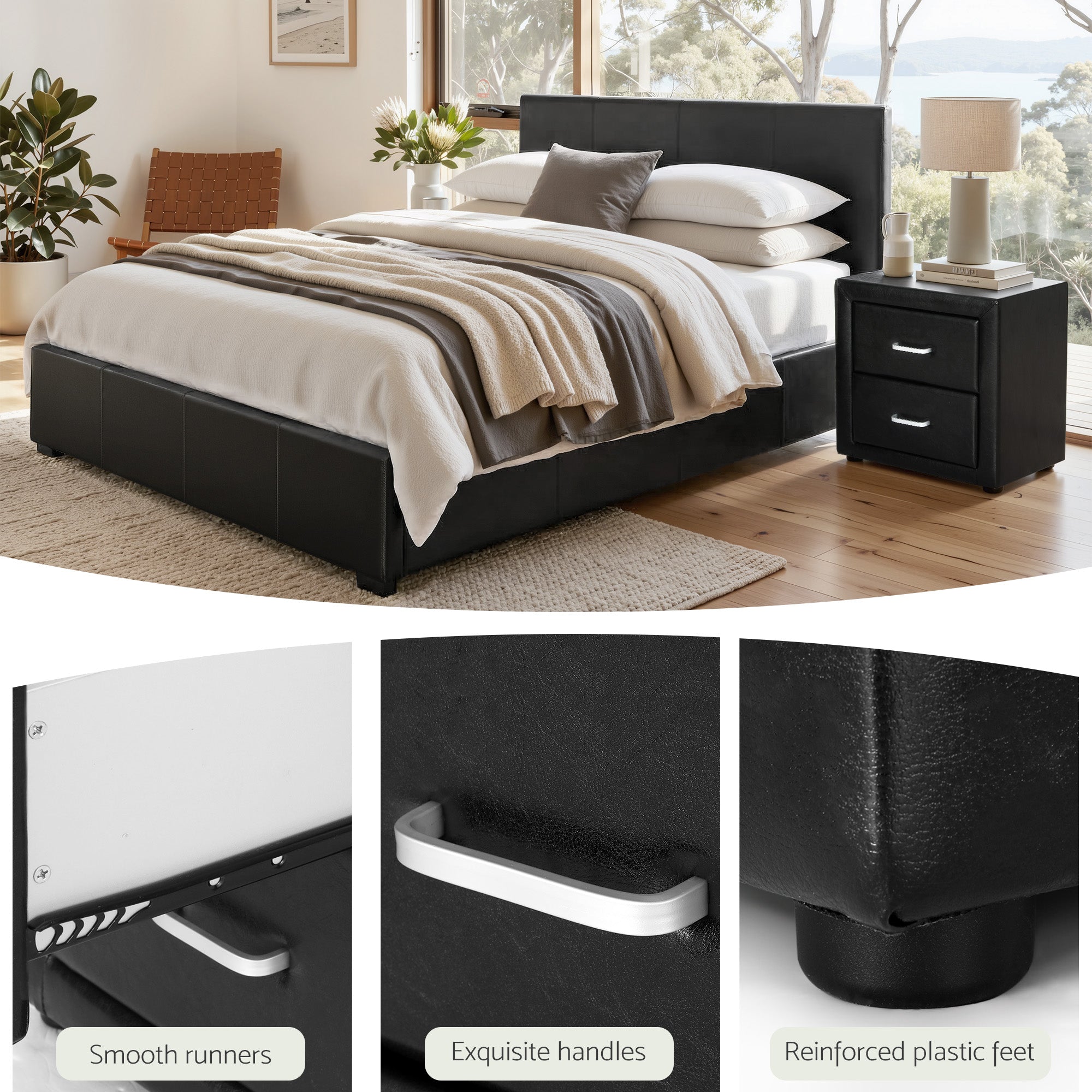 Queen Gas Lift Bed Frame Bedside Table Set | Simpledeals