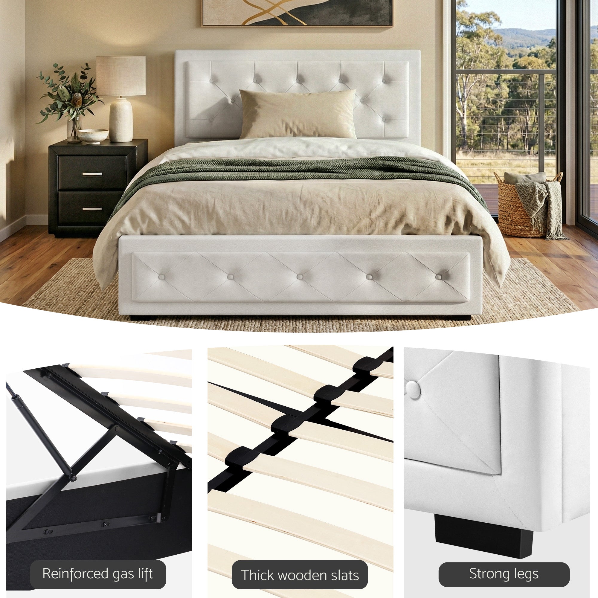 King Single Gas Lift Storage Bed Bedside Table Set | Simpled