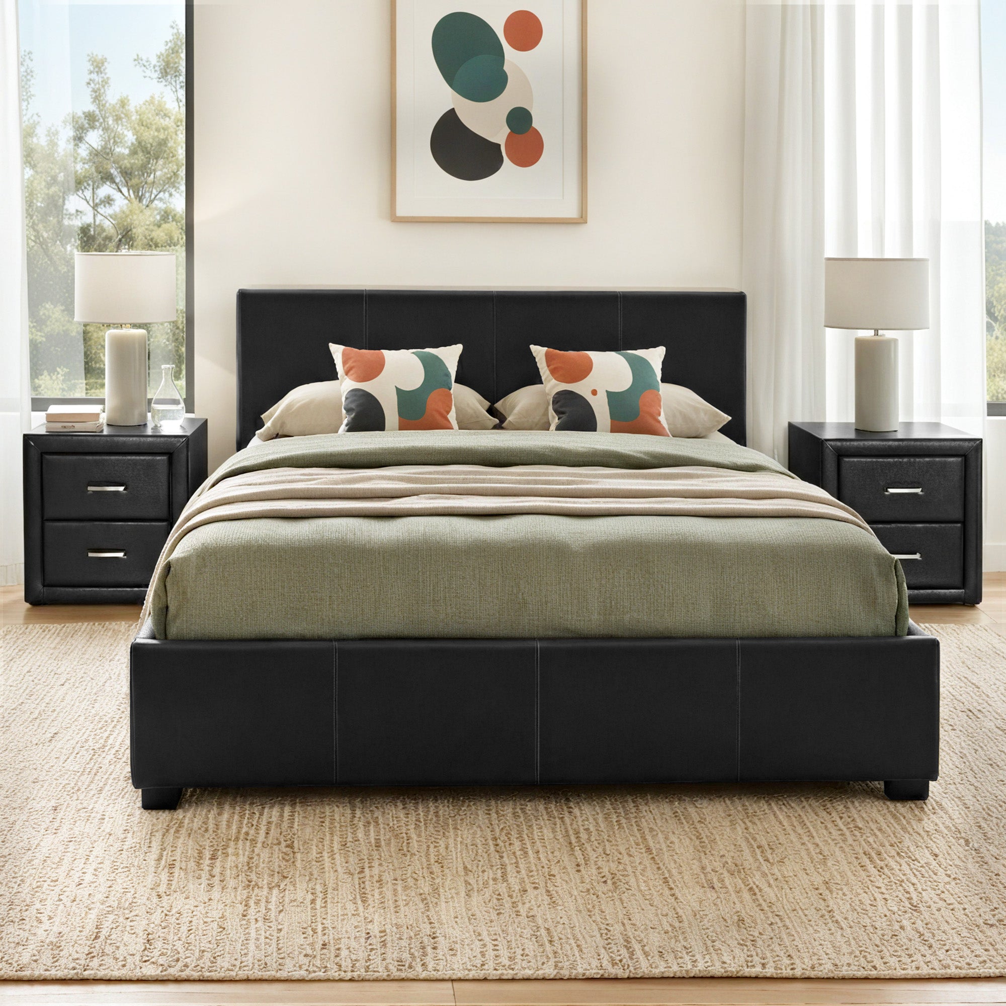 Queen Gas Lift Bed Frame Bedside Tables Black | Simpledeals