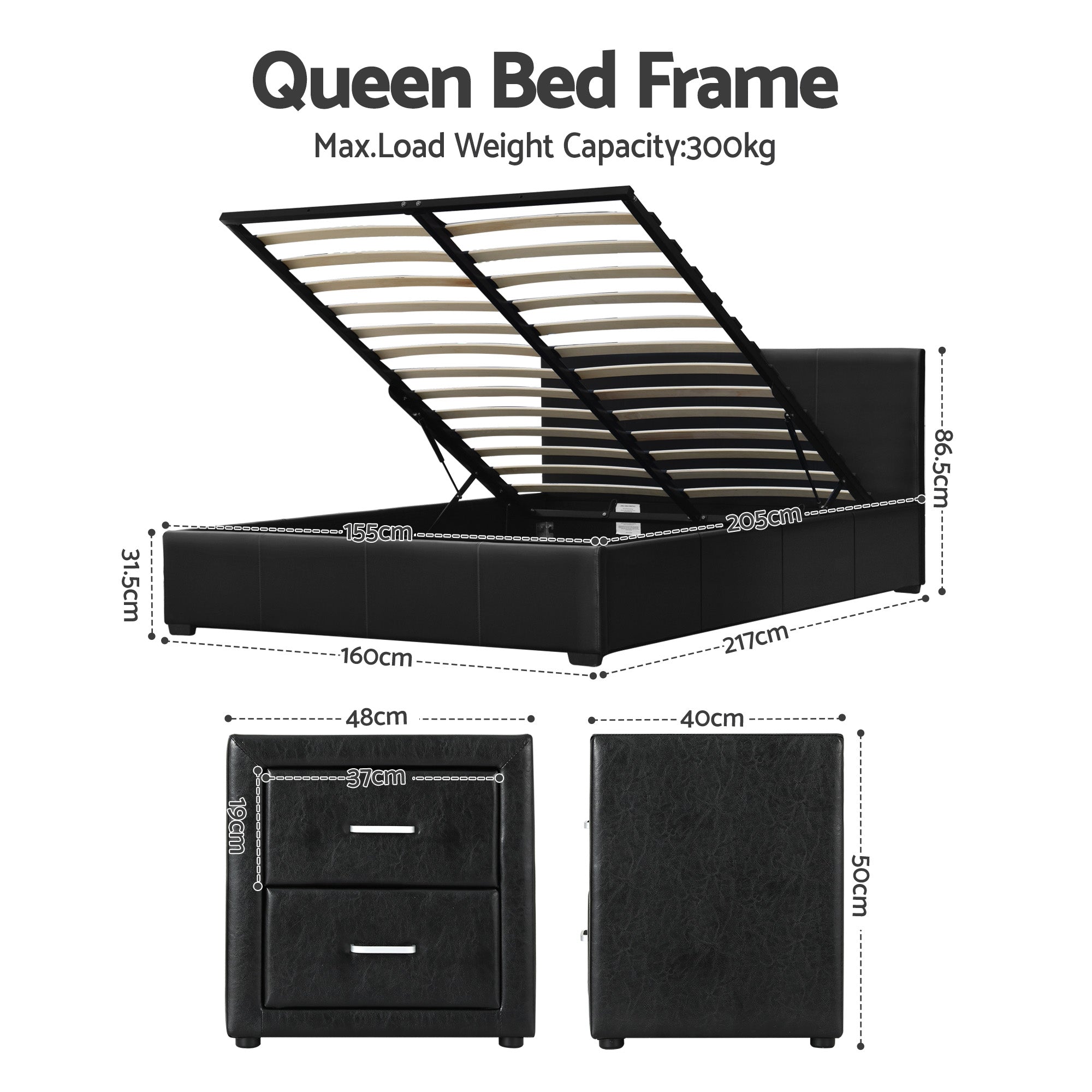 Queen Gas Lift Bed Frame Bedside Tables Black | Simpledeals