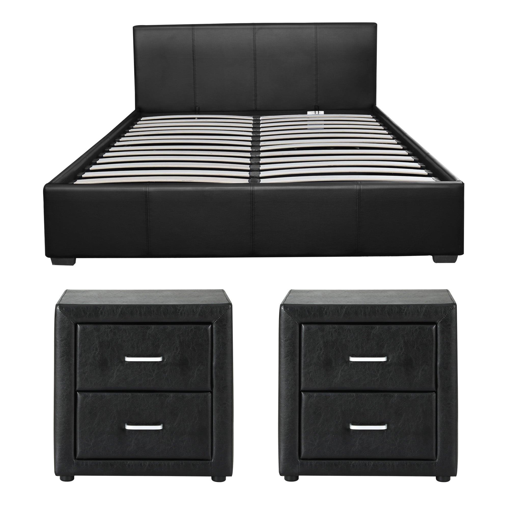 Queen Gas Lift Bed Frame Bedside Tables Black | Simpledeals