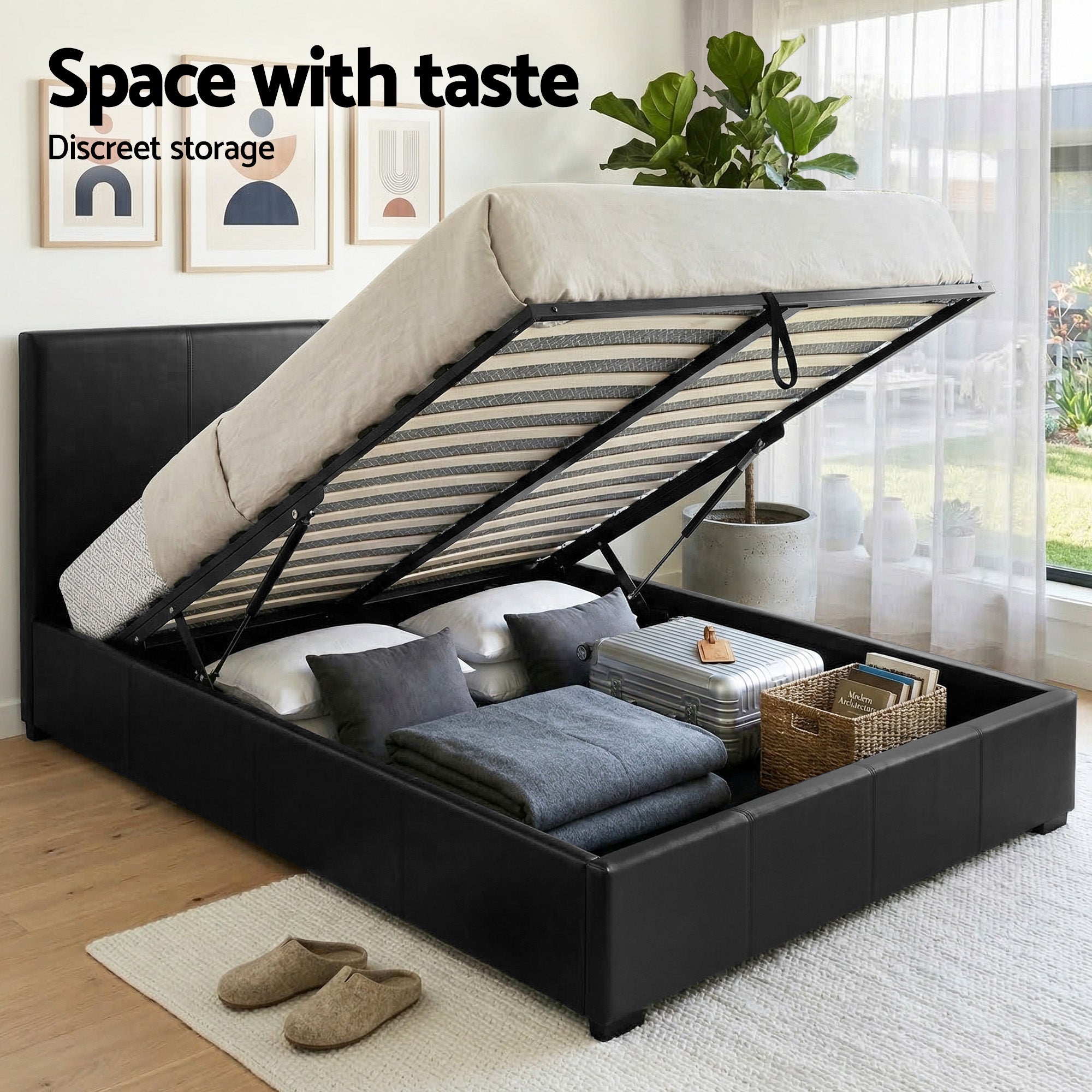Queen Gas Lift Bed Frame Bedside Tables Black | Simpledeals