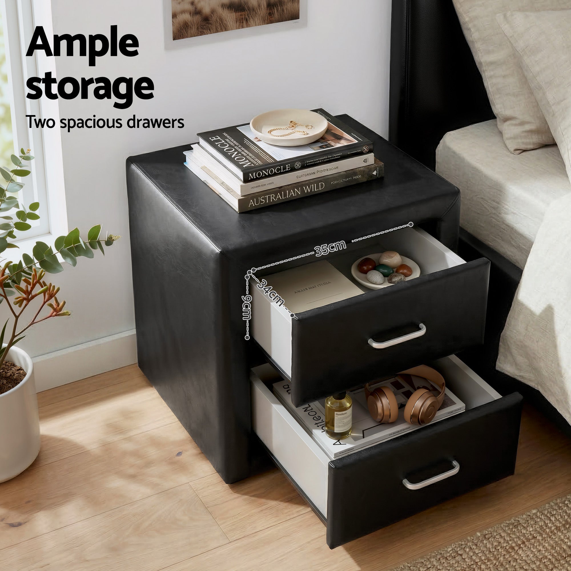 Queen Gas Lift Bed Frame Bedside Tables Black | Simpledeals