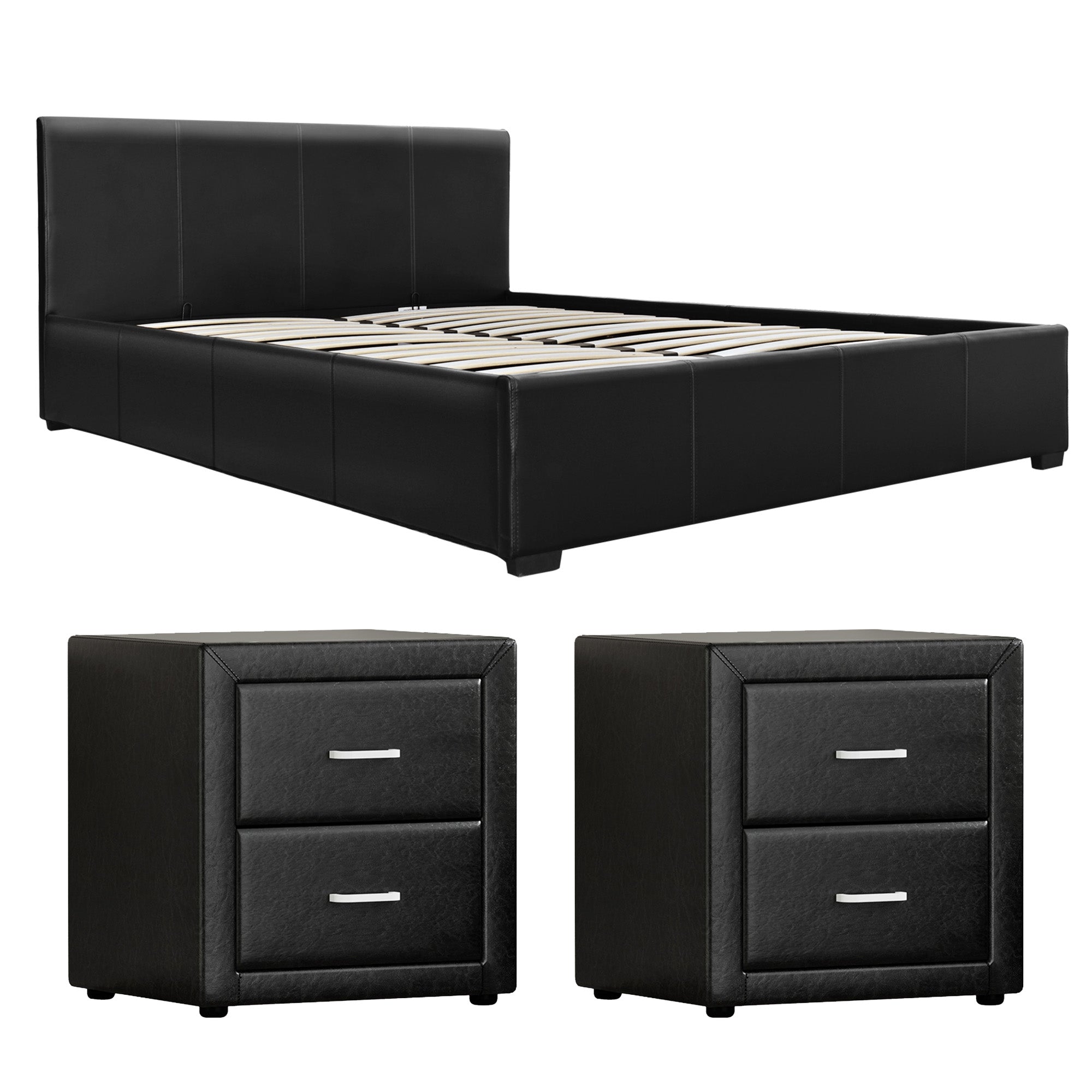 Queen Gas Lift Bed Frame Bedside Tables Black | Simpledeals