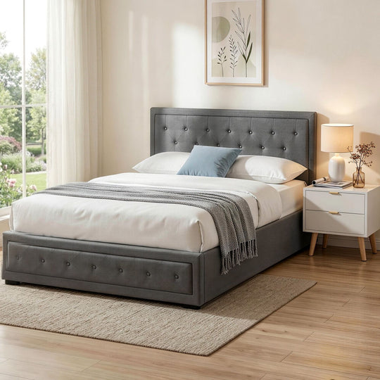 Queen Gas Lift Storage Bed Bedside Table Set - Beds & Bed Frames